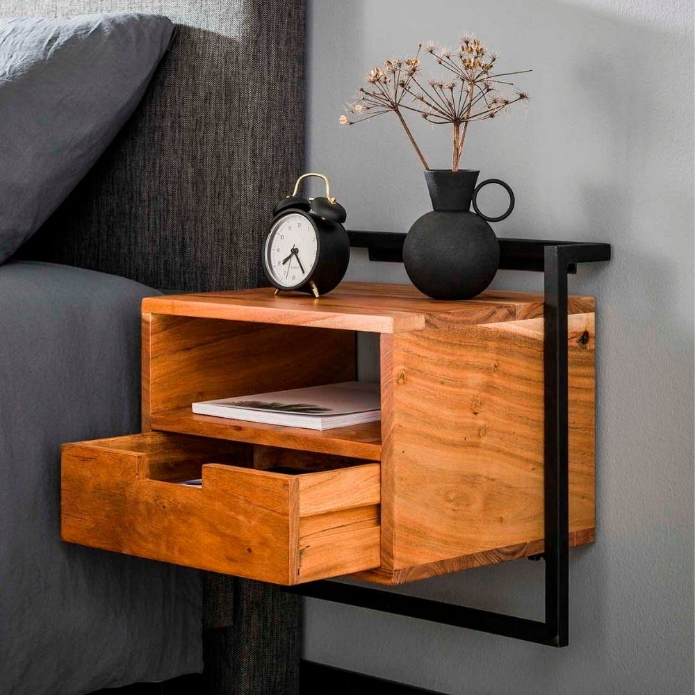 Schwarz-, Beistelltisch und in mit Möbel RINGO-Living Nachttisch Massivholz Schublade Natur-dunkel Lolei