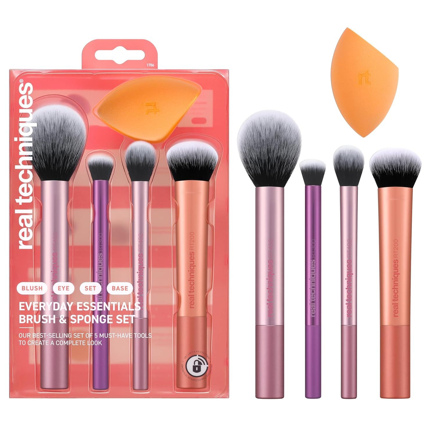 Real Techniques Make-up Set Everyday Essentials – 5-teiliges Make-up-Pinsel- & Schwamm-Set, für Foundation, Rouge, Bronzer, Lidschatten und Puder