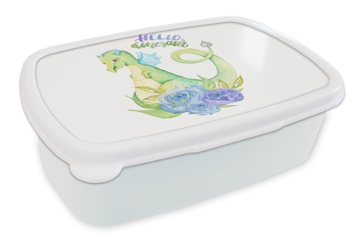 MuchoWow Lunchbox Dinosaurier - Rosen - Kinderzimmer - Jungen - Mädchen - Kinder, Kunststoff, (2-tlg), Brotbox für Kinder und Erwachsene, Brotdose, für Jungs und Mädchen weiß