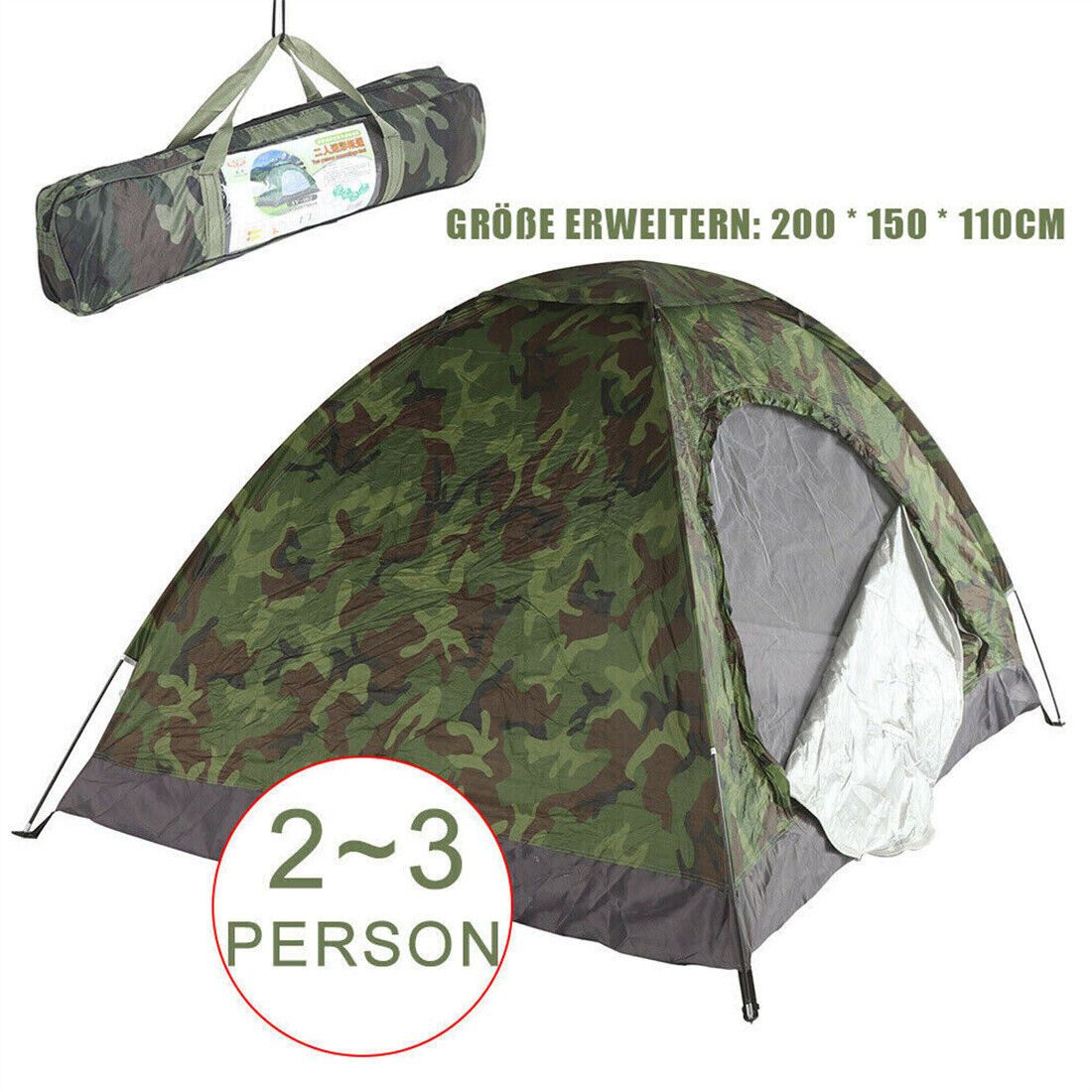 wohnTRAUM24 Wurfzelt Wurfzelte Camping Kuppelzelt Camouflage Wanderzelt 2-3 Personen, Personen: 2, Campingzelt 200x150x110 cm mit Tragetasche für Camping Reise Trekking