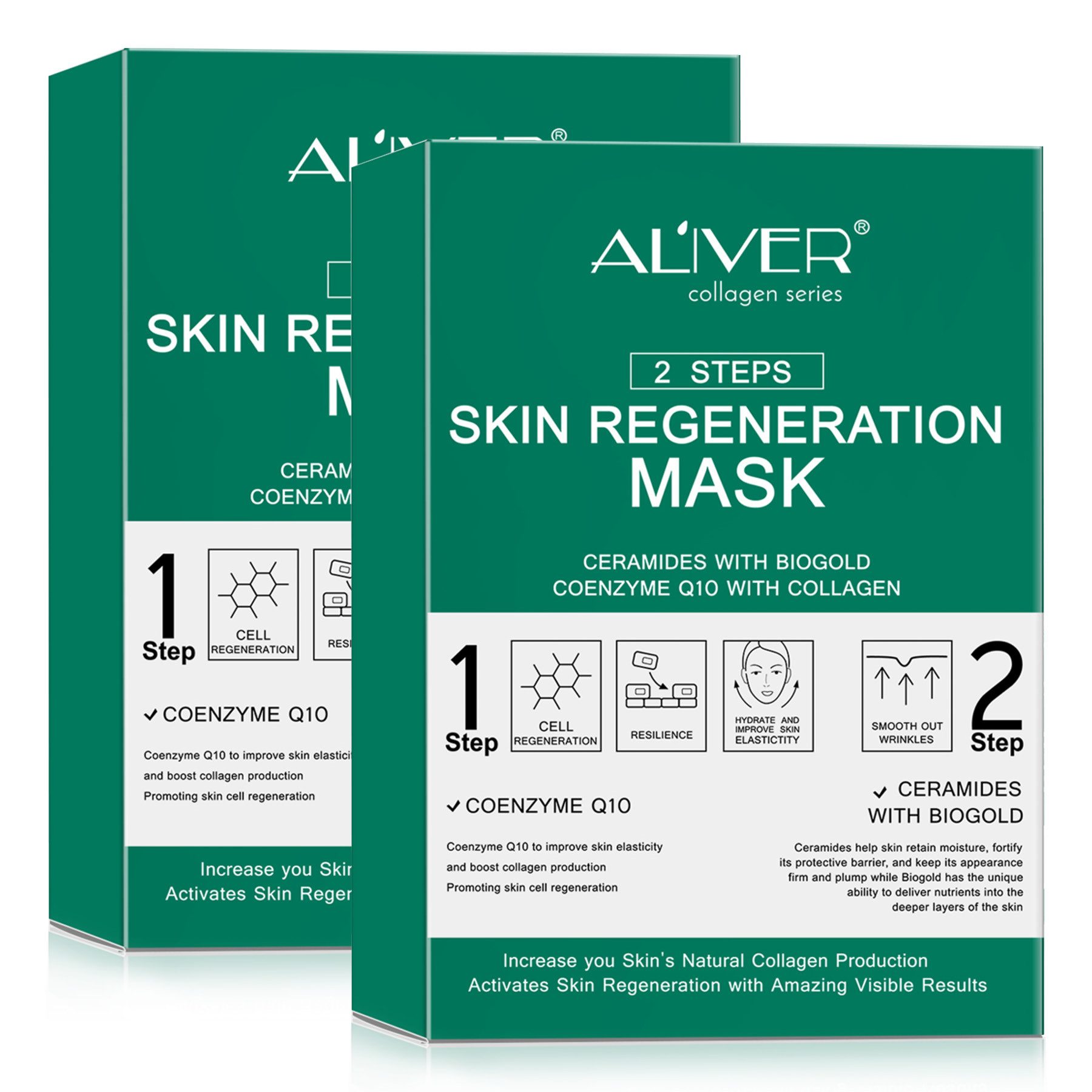 ALIVER Gesichtsmaske Tuchmaske 2-Step-System Anti-Aging Pflege mit Kollagen Coenzym Q10, 10-tlg., Hautstraffung, Nährend, Regenerieren, Revitalisieren, Verunreinigungen