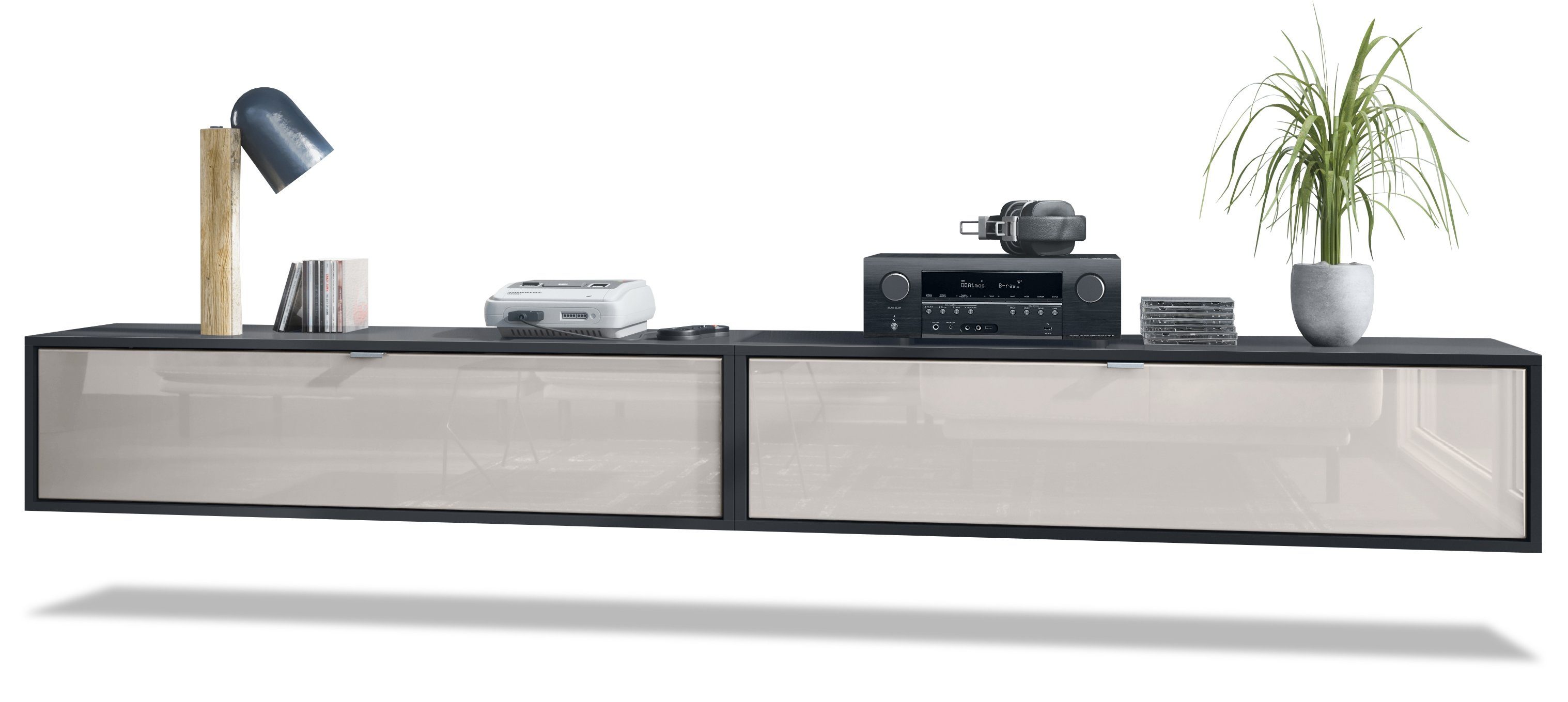 Vladon Lowboard Lana 1200 (2er-Set Tv-Kommode, mit Klappe dahinter 3 Fächer), Schwarz matt/Sandgrau Hochglanz (120 x 29 x 37 cm)