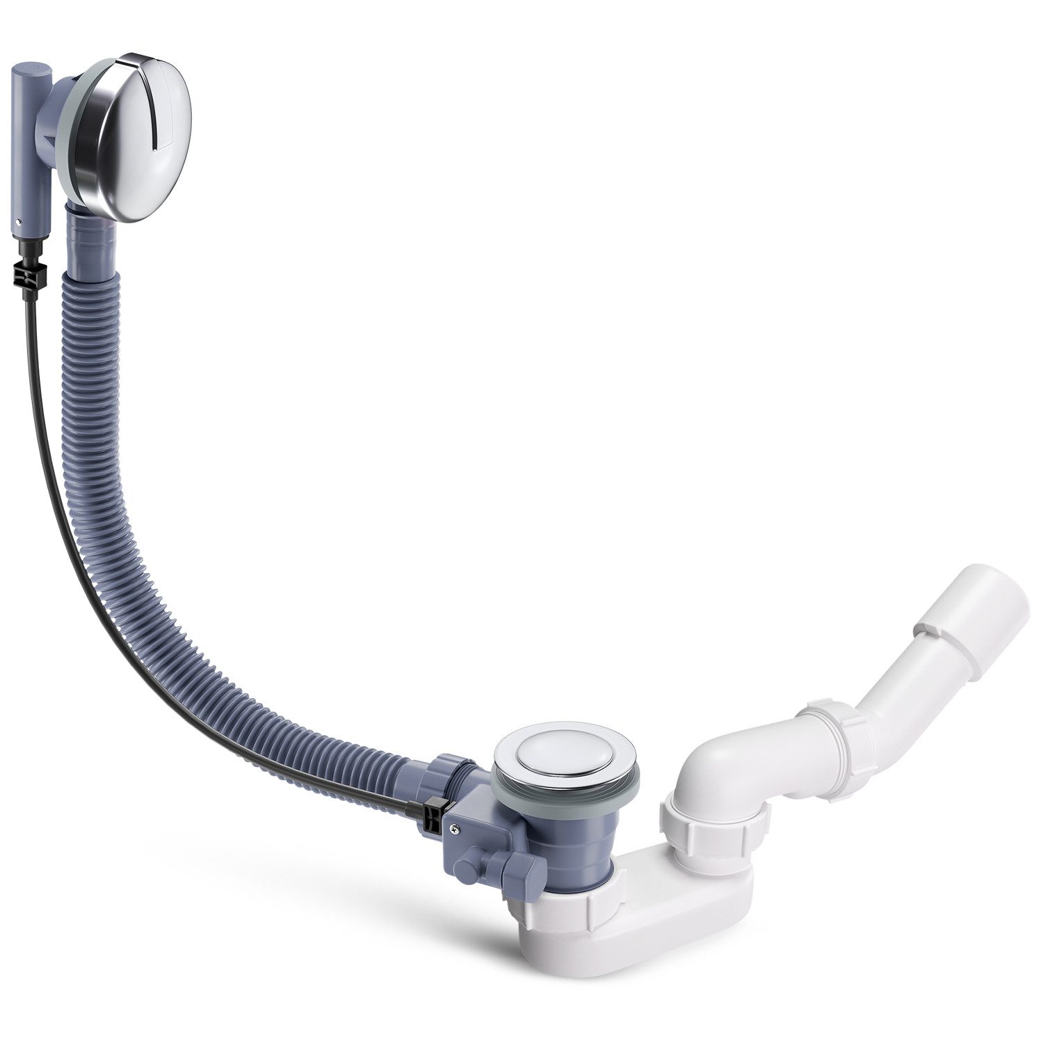 AQUADE Ab-Überlaufgarnitur Abflussgarnitur Grau Metall 75 cm, inkl. Siphon mit Exzenter und Badewannenüberlauf Abdeckung