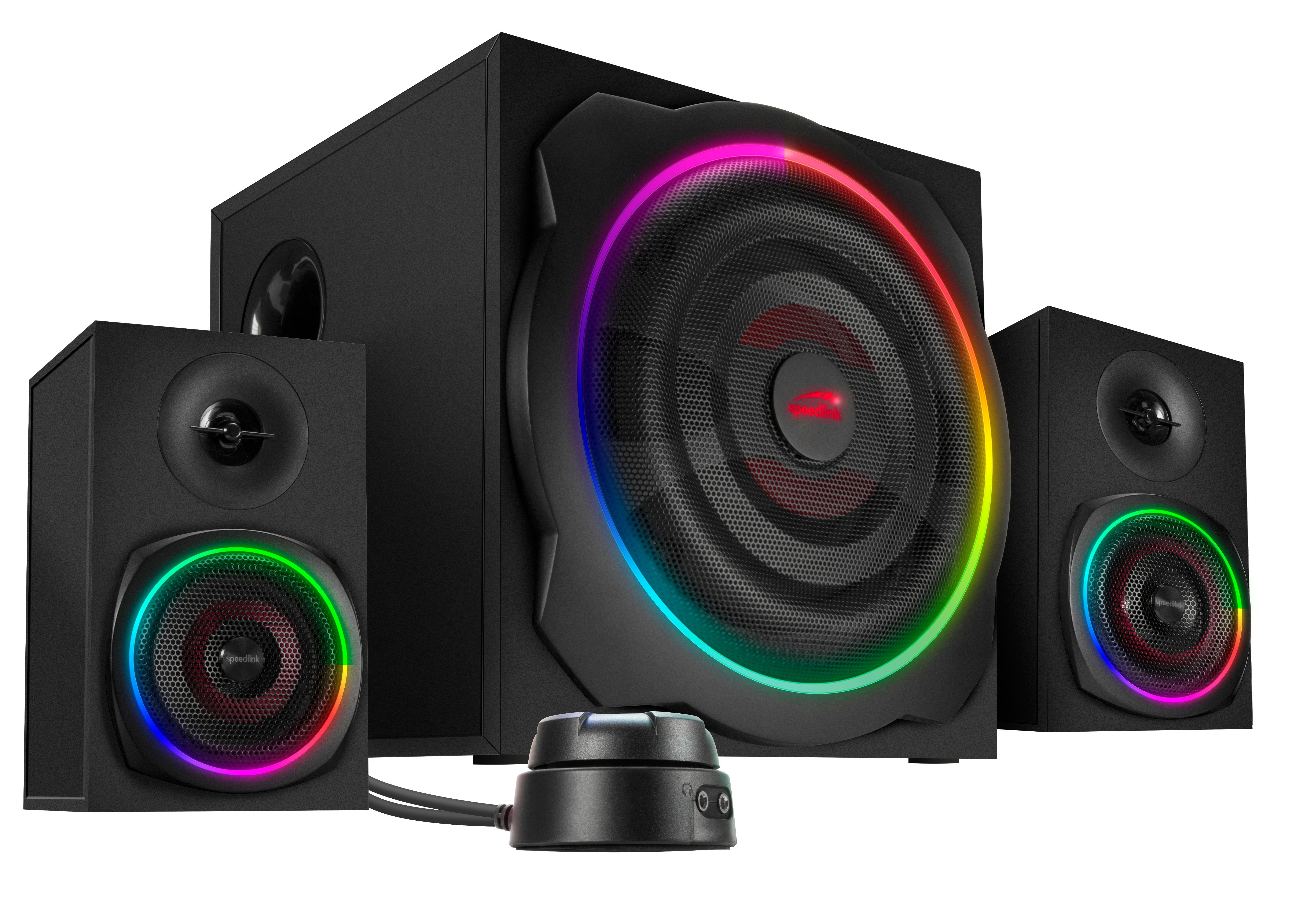 Speedlink GRAVITY LT RGB Subwoofer System aus Holz mit Bluetooth 2.1 Soundsystem 2.1 (40 W RMS, 80 W Spitzenleistung, 3,5mm Klinke, RGB-Tischfernbedienung)