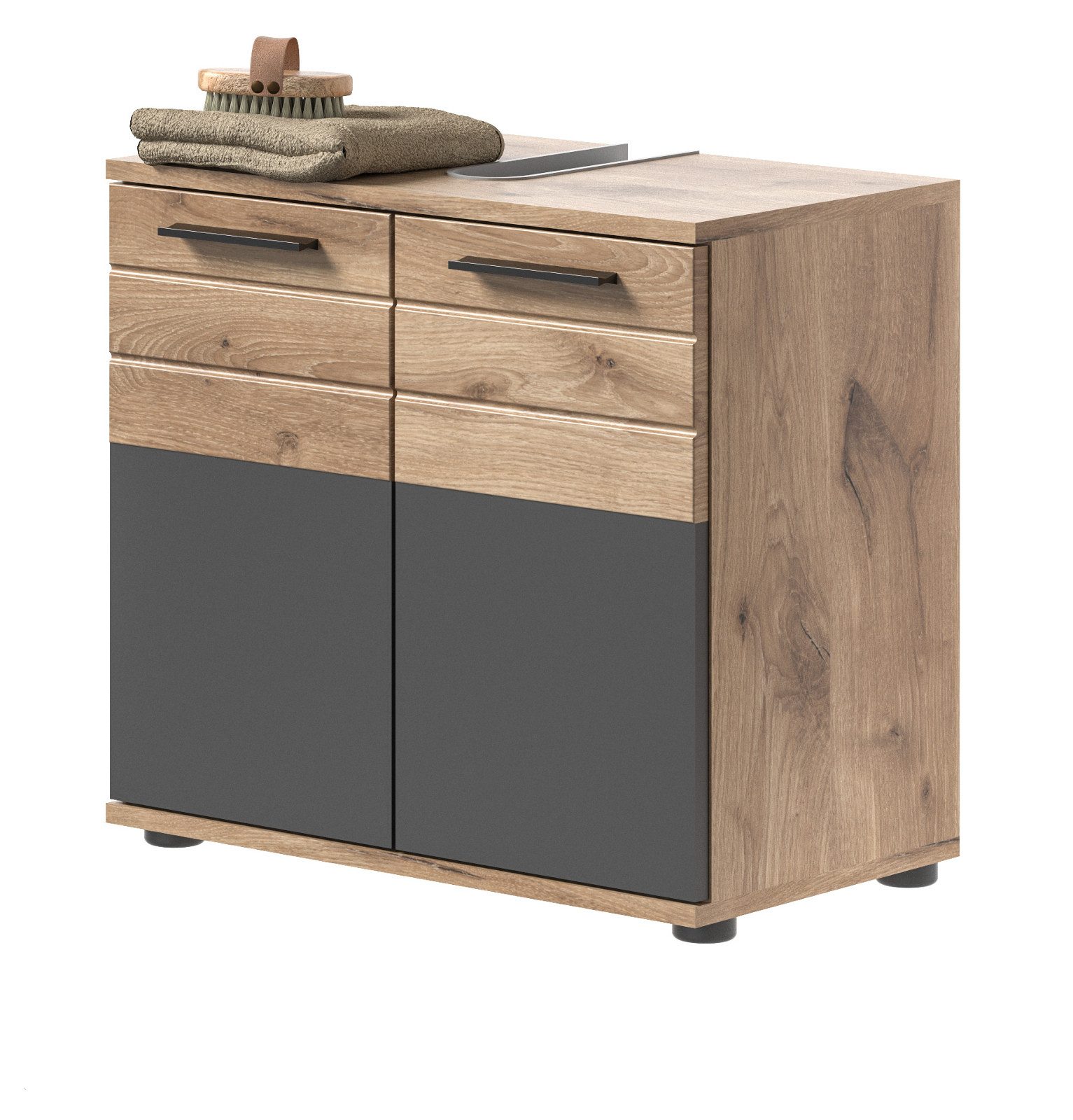 Inn.Furn Waschbeckenunterschrank Tomaso (Waschtischunterschrank Eiche und grau, Breite 60 cm) mit Soft-Close
