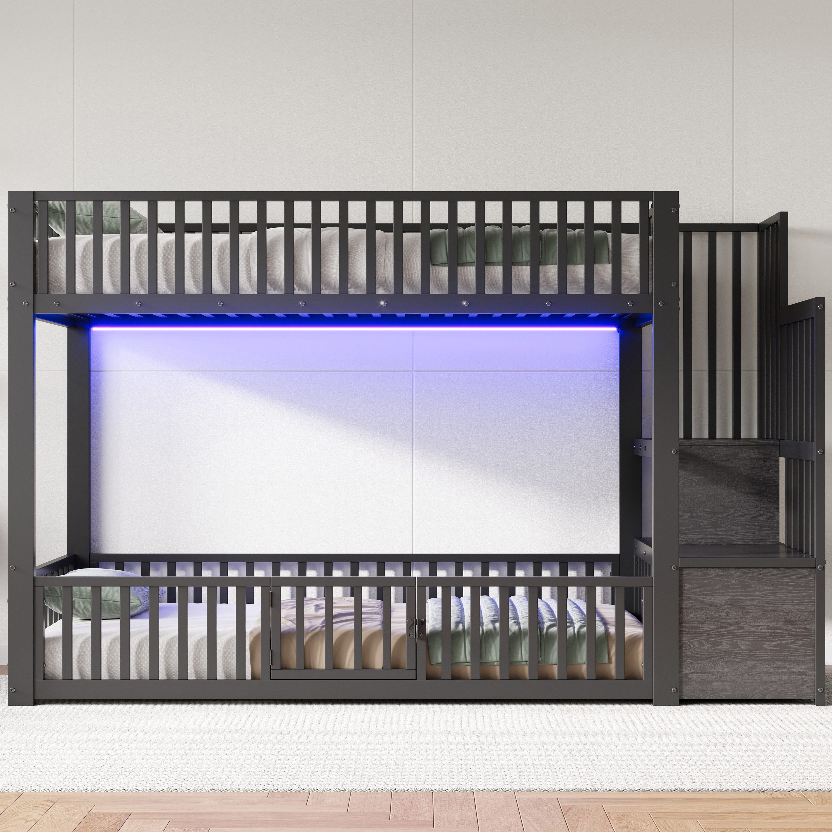 Flieks Etagenbett, Metallbett Kinderbett 90x200cm mit LED-Beleuchtung & oberem Lattenrost