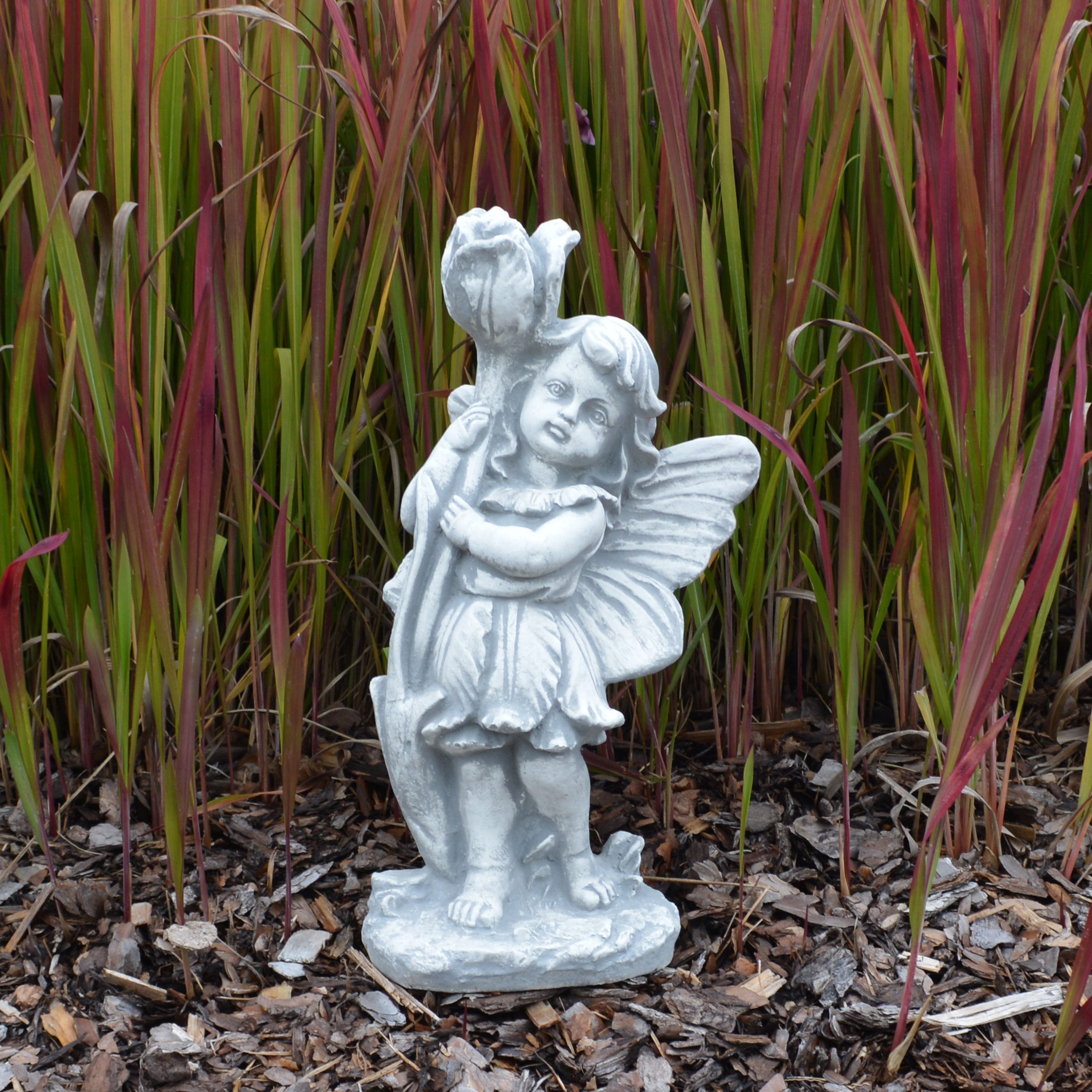 gartendekoparadies.de Gartenfigur Liebevolle Elfe mit Rose, Steinfigur, H. 32 cm, 3 kg, Frostsicher