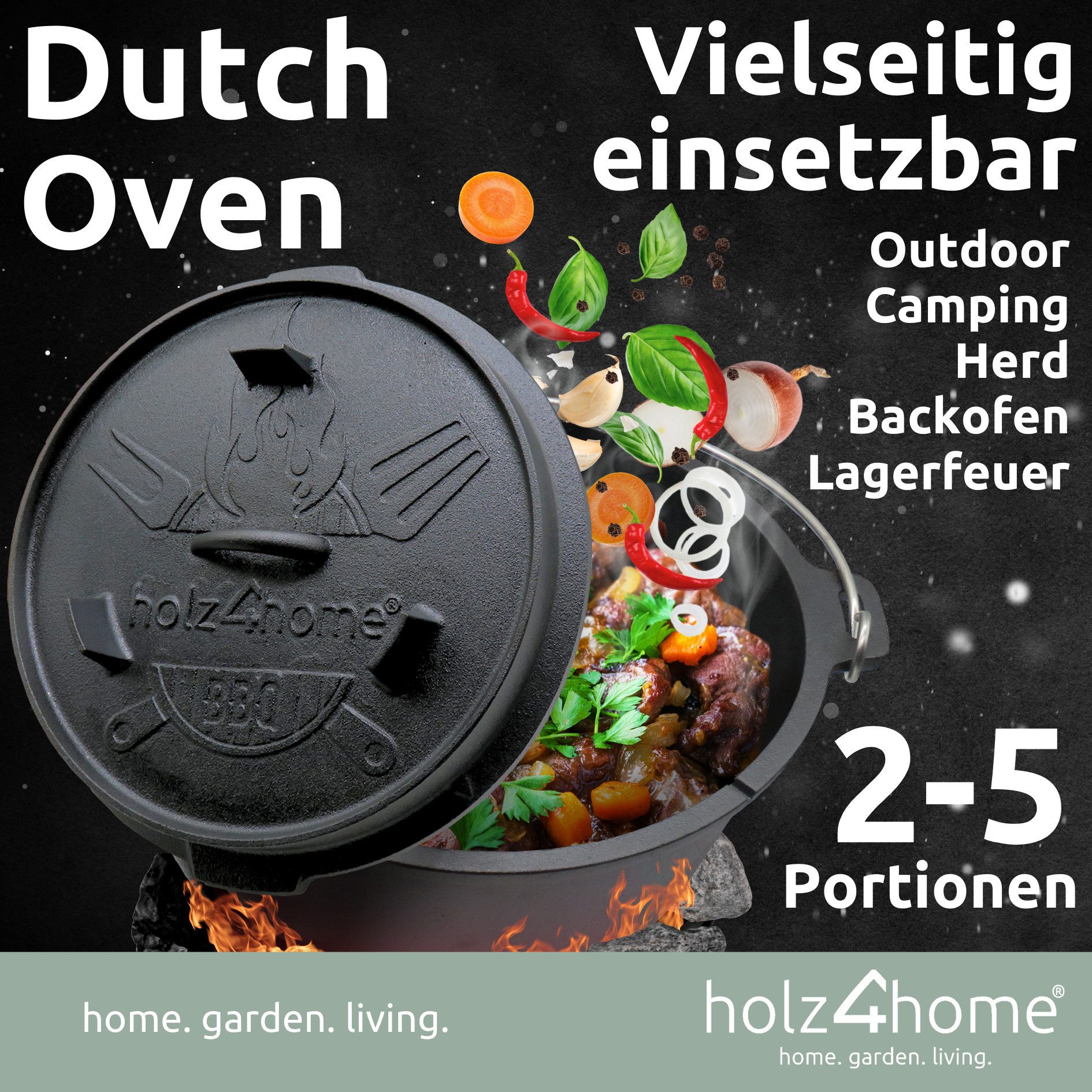 holz4home® Grilltopf Dutch Oven Set aus Gusseisen I Dopf Feuertopf Schmortopf Bräter, Gusseisen (9-tlg), inkl. Deckelheber