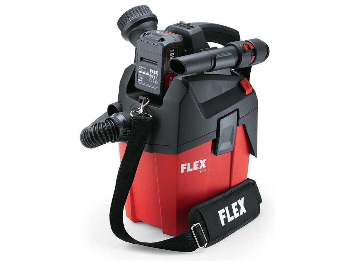 Flex Akku-Rucksackstaubsauger VC 6 L MC 18.0, mit Beutel, Kompakt Sauger mit manueller Filterabreinigung, 6 l, Klasse L
