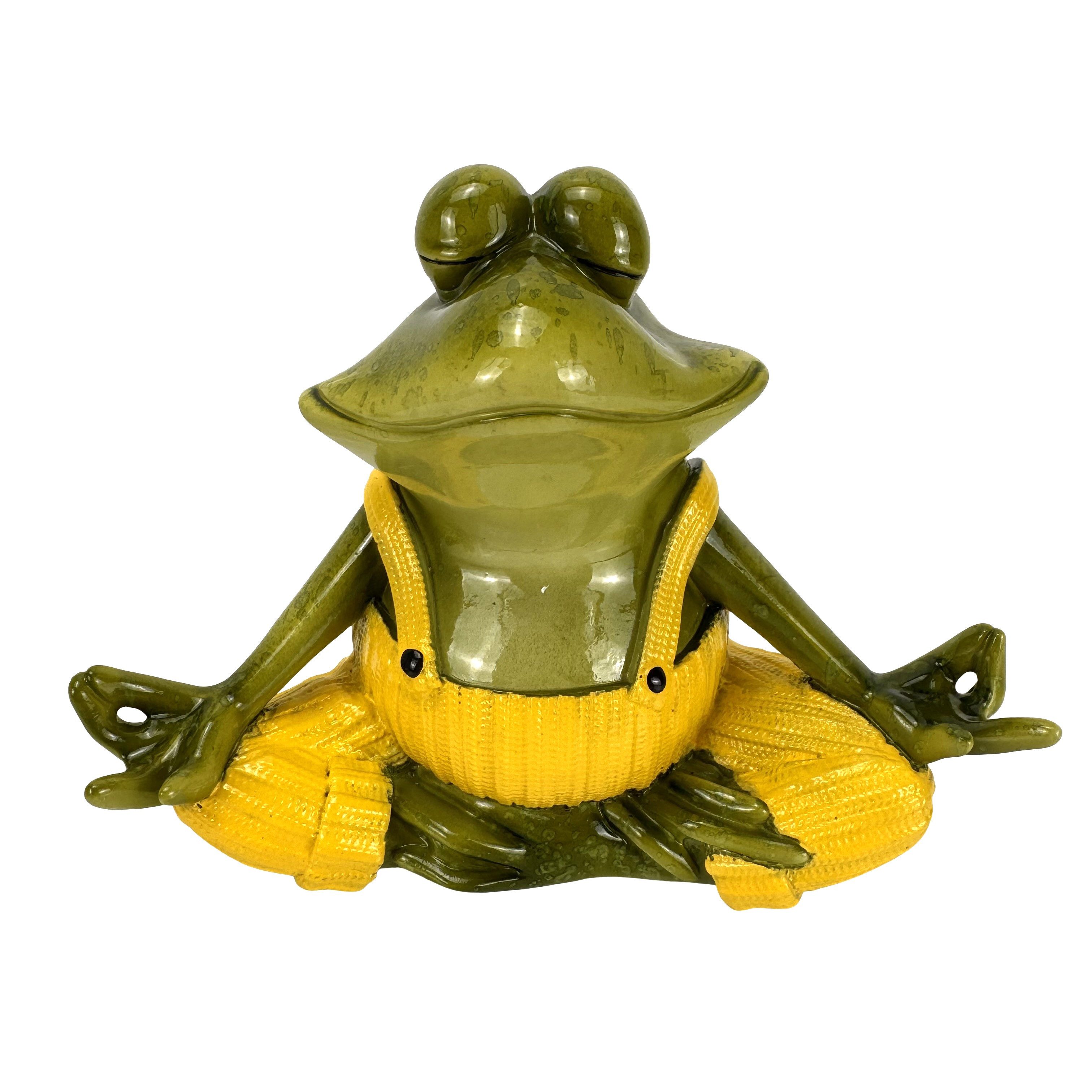 Online-Fuchs Gartenfigur für draußen - Yoga Frosch - Deko Figuren für Garten, Balkon & Terrasse, (gelbe oder orange Latzhose), aus langlebigem Kunstharz gefertigt, wetterfest - 19 oder 31,5 cm groß