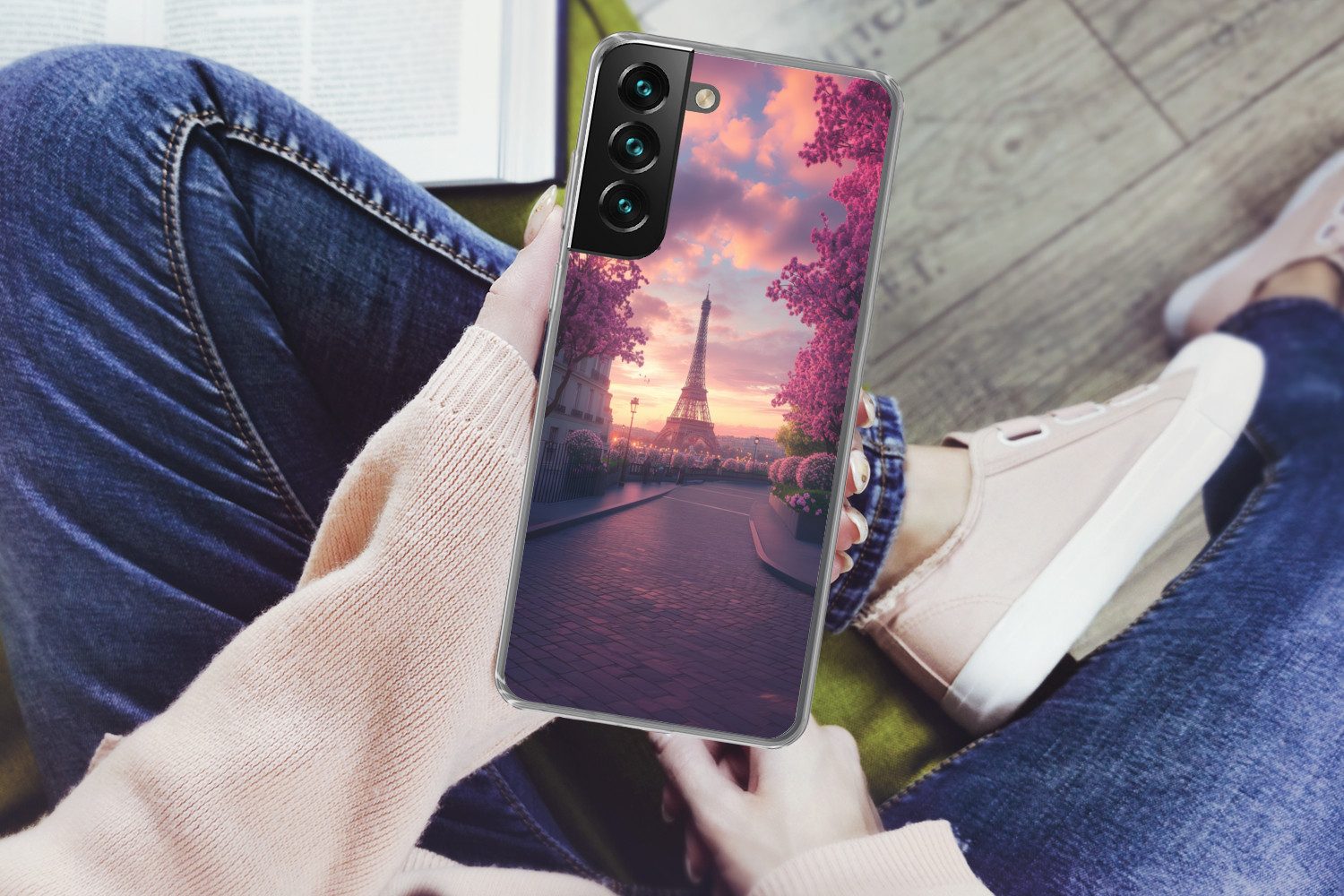 MuchoWow Handyhülle für Samsung Galaxy S22 Plus Eiffelturm - Paris - Rosa, Phone Case, Silikon, Schutzhülle Dünn