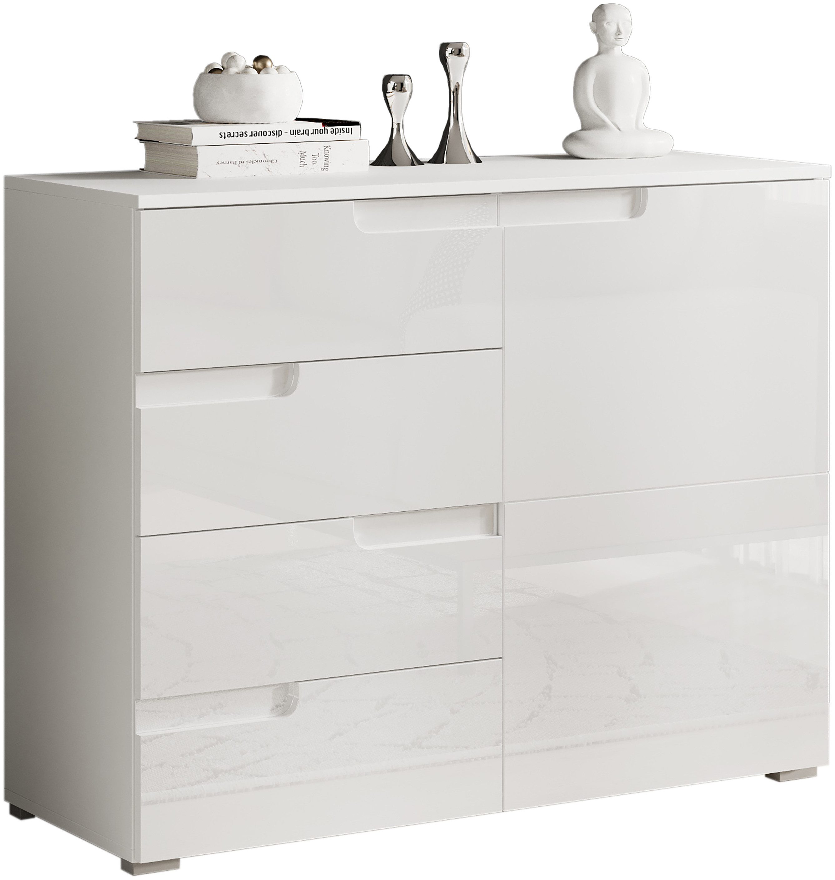 HBZ Kommode Spice weiß hochglanz, BxHxT 100x80x40 cm, Kommode mit 1 Tür, 4 Schubkästen und 1 Einlegeboden