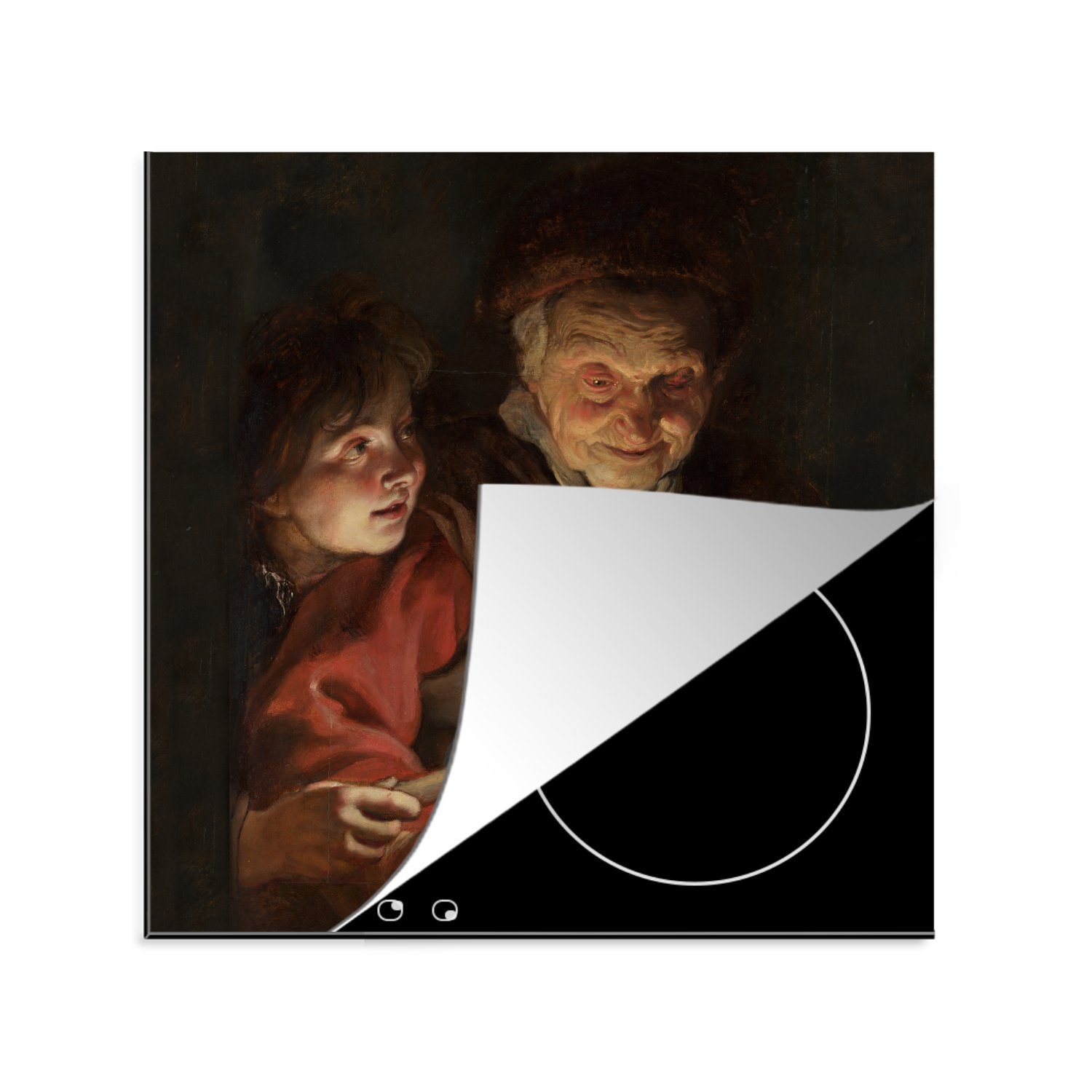 MuchoWow Herdblende-/Abdeckplatte Alte Frau und Junge mit Kerzen - Gemälde von Peter Paul Rubens, Vinyl, (1 tlg), 78x78 cm, Ceranfeldabdeckung, Arbeitsplatte für küche