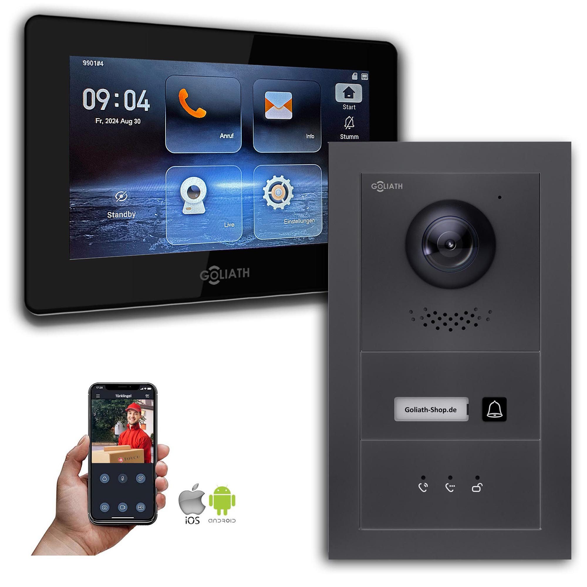 Goliath Intercom Video-Türsprechanlage Goliath IP Video Türsprechanlage mit Kamera 7-Zoll Anthrazit (Privat oder Gewerblich)