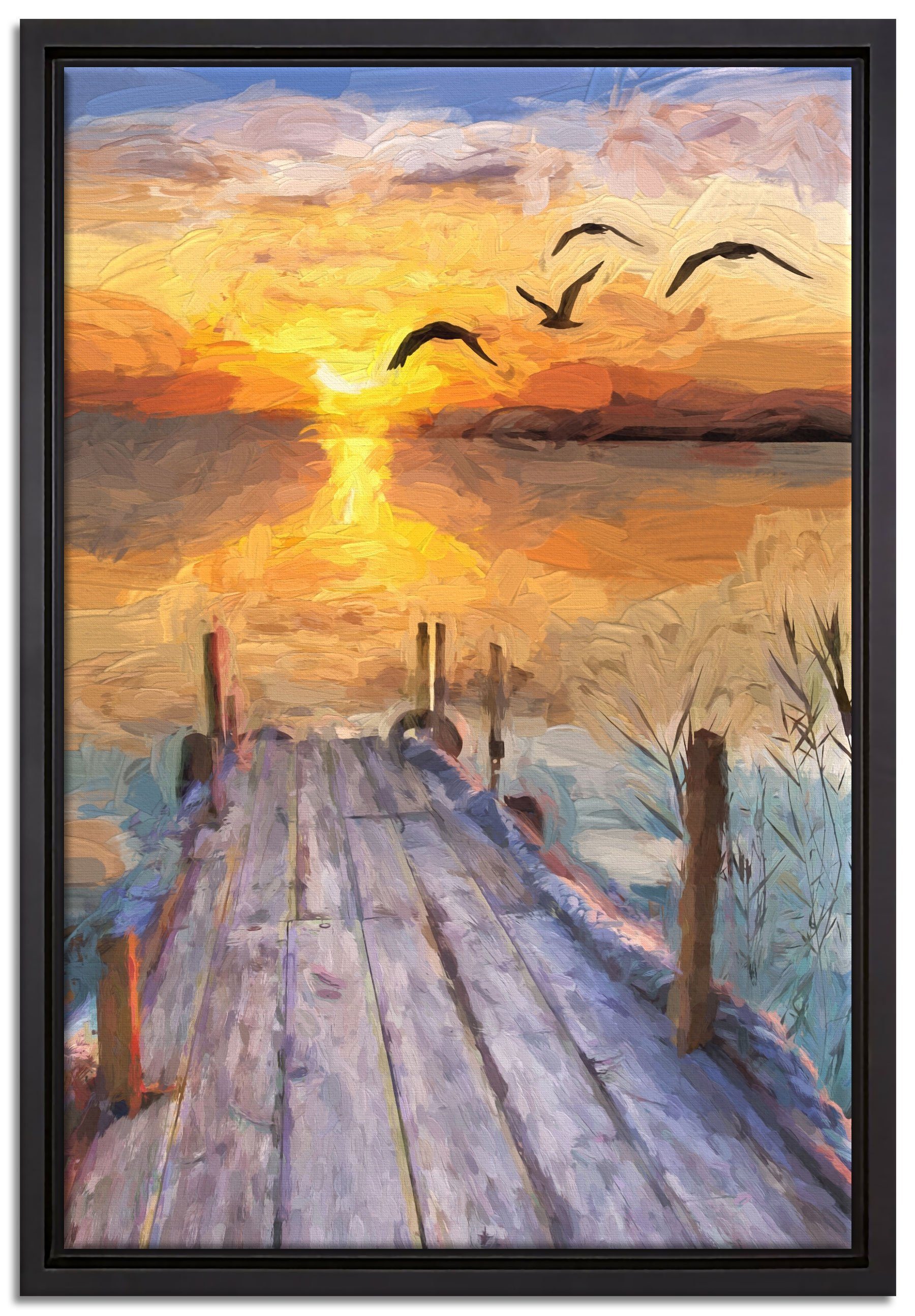 Pixxprint Leinwandbild Steg im Meer, Wanddekoration (1 St), Leinwandbild fertig bespannt, in einem Schattenfugen-Bilderrahmen gefasst, inkl. Zackenaufhänger
