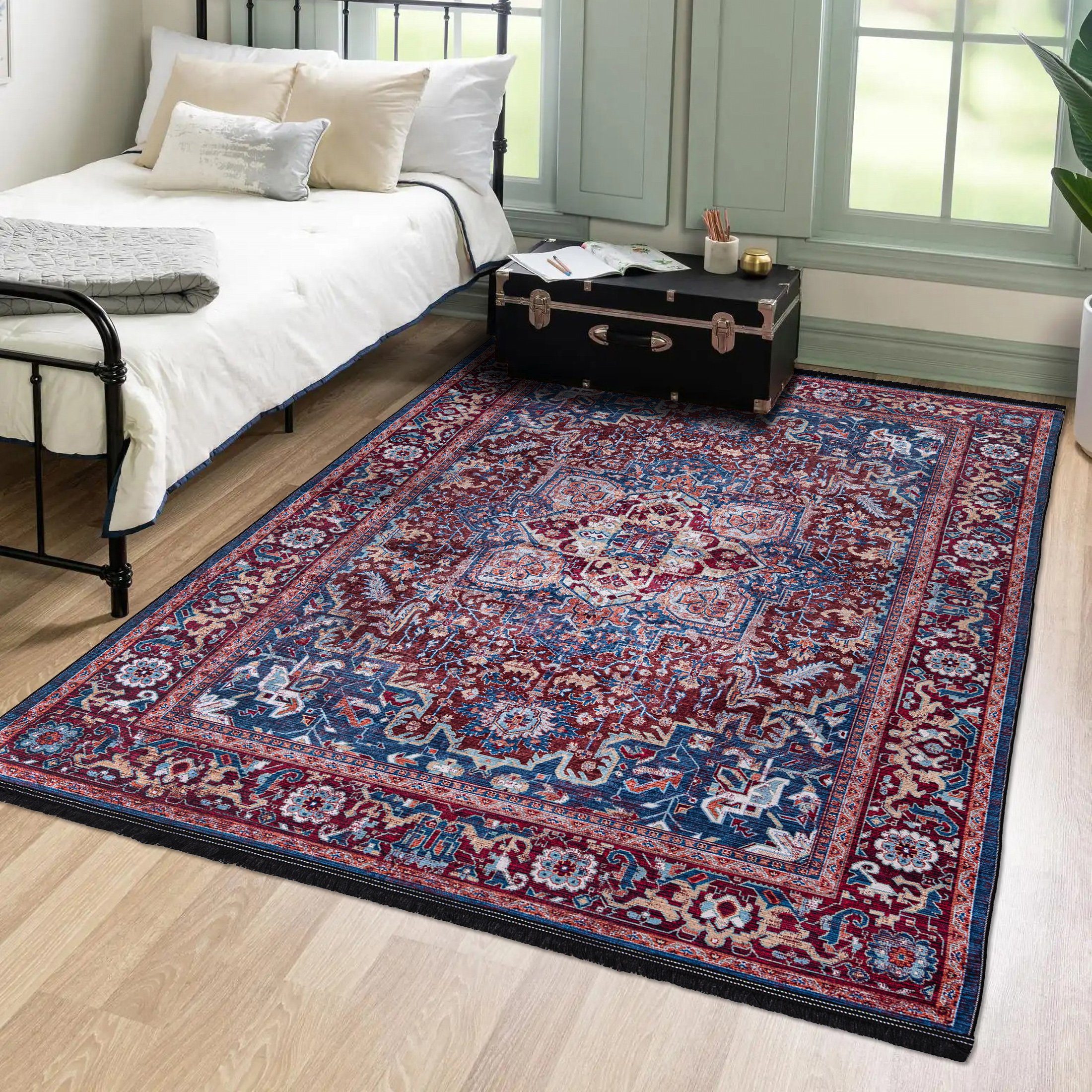 Orientteppich Orientalisch Vintage Teppich Traditioneller Orient Teppich, Mazovia, 120 x 170 cm, Kurflor, Waschbar in Waschmaschine, Höhe 5 mm, Rutschfest Rot Blau / 38950