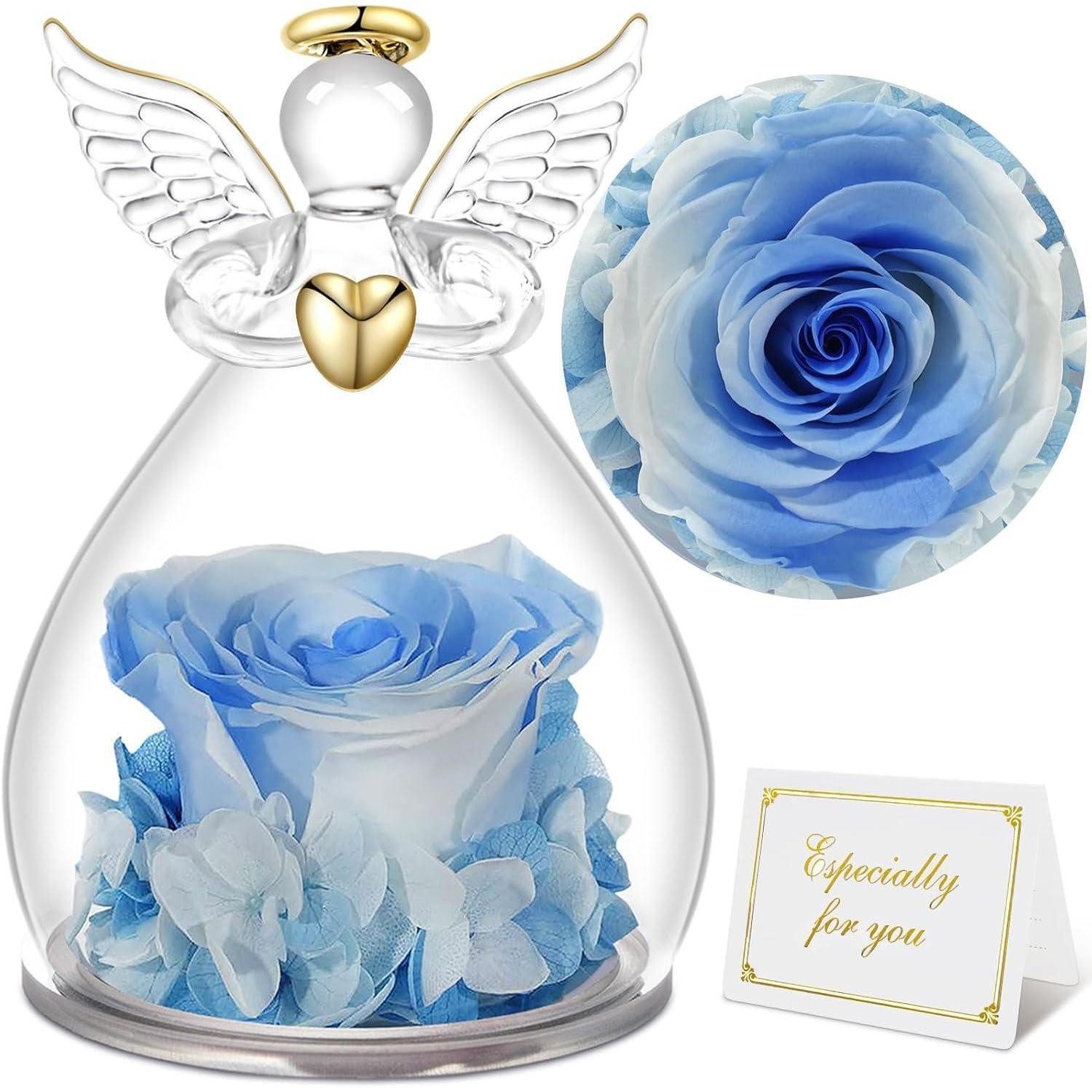 Kunstblume Ewige Rose Engel Figur Glaskuppel Rote Rosen Muttertag Geschenk, LuxusKollektion, Höhe 10.5 cm