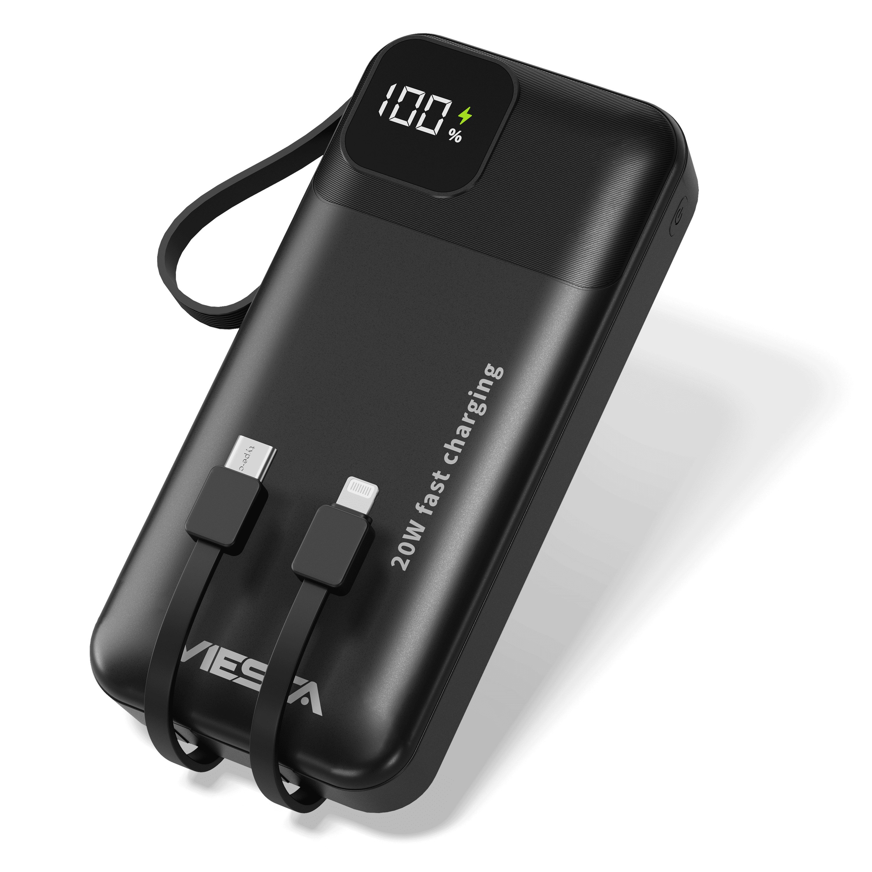 VIESTA 20.000 mAh, 22,5 W Schnelllade, PD 20 W, LCD-Display, Schwarz Powerbank, integriertes USB-C- & Lightning-Kabel, LED-Taschenlampe, USB-A