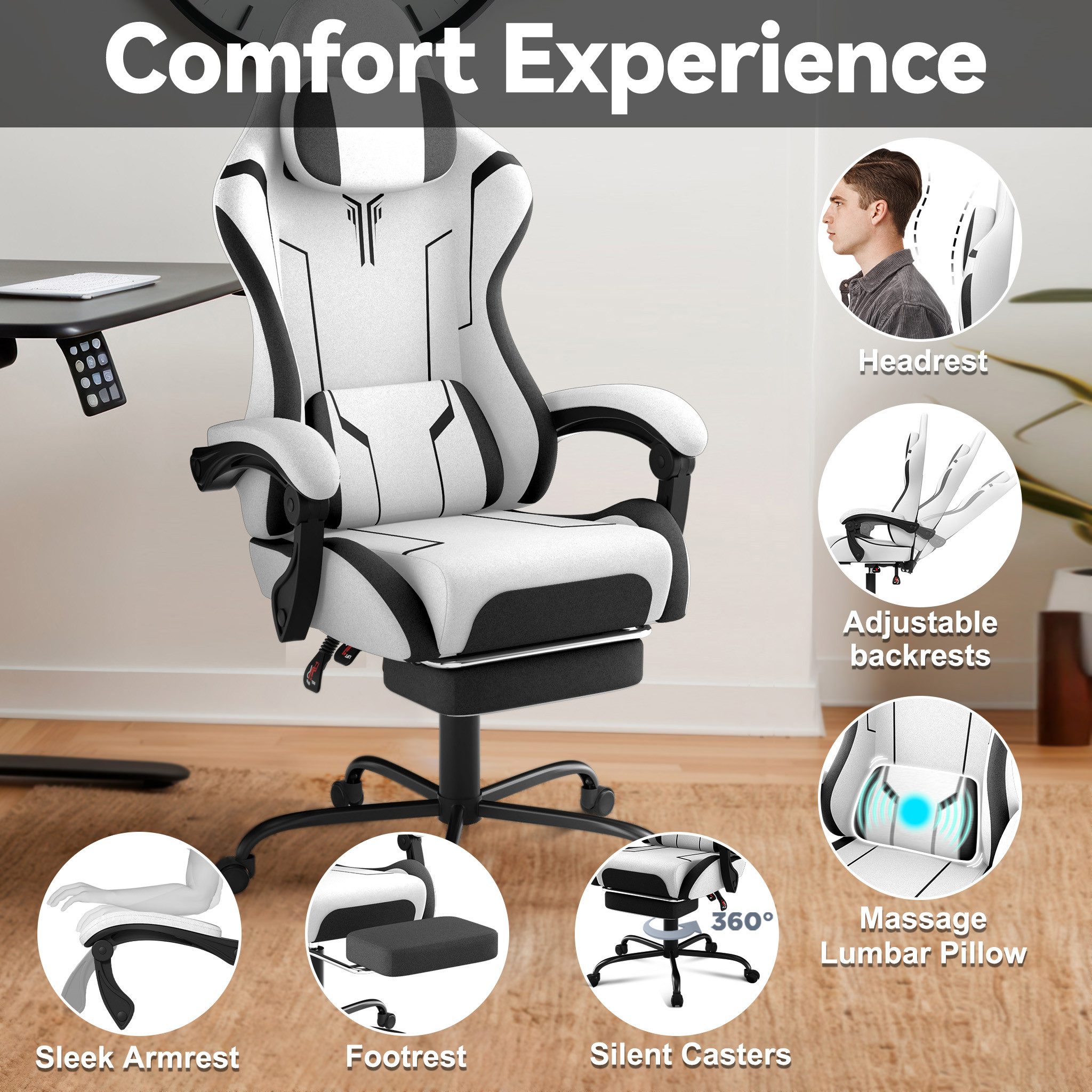 FIVMEN Gaming-Stuhl Racing Ergonomischer Computer-Bürostuhl mit Massage-Lendenkissen, Ausziehbarer Fußstütze Lordosenstütze Kopfstütze, höhenverstellbarer – Bild 5 von 5