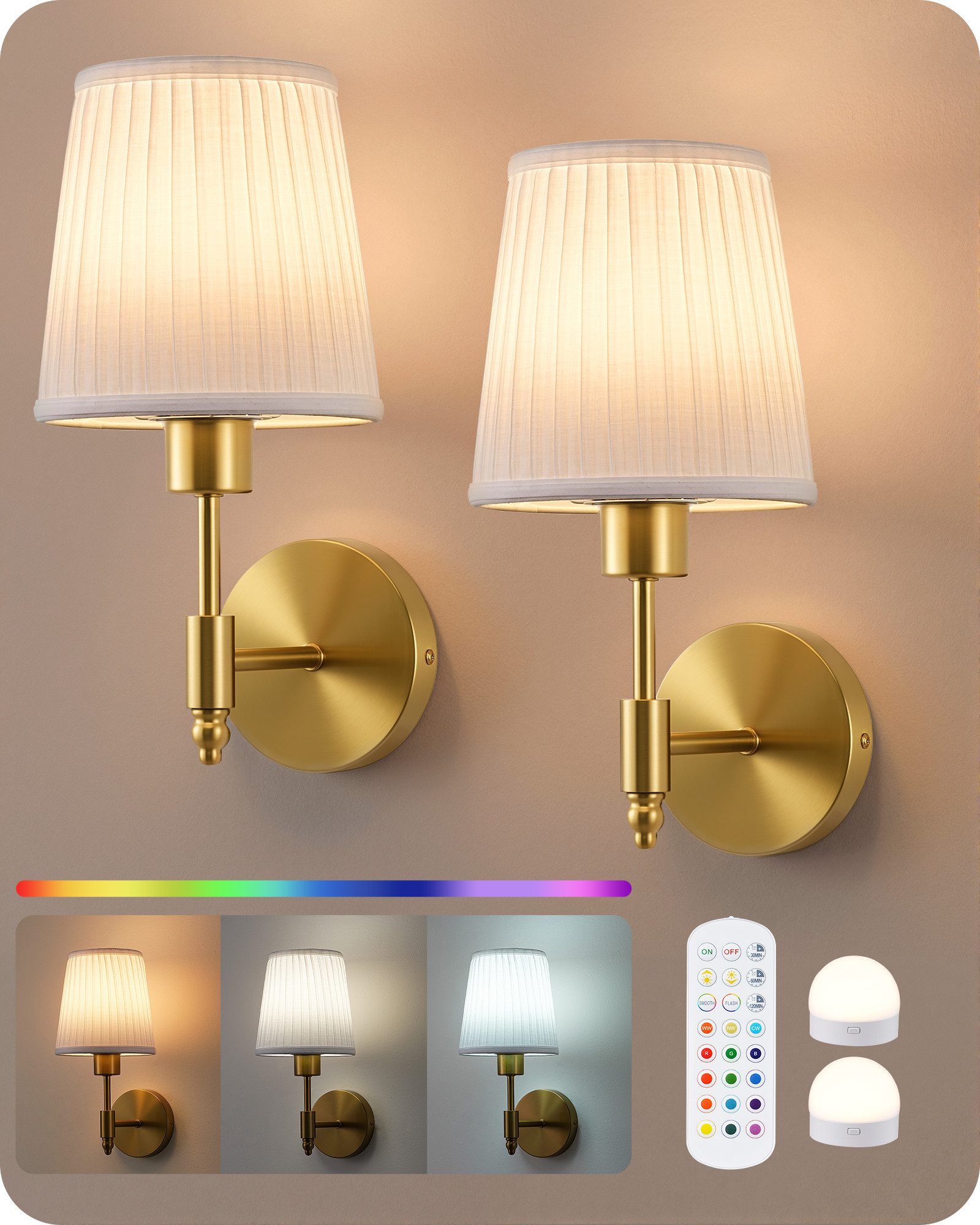 EDISHINE Wandleuchte 2er Set Akku Wandleuchten Innen mit Fernbedienung, 12 Farben RGB, LED wechselbar, 3000K-6500K, magnetische LED-Wandleuchten, 3000-6500K dimmbar, Timer
