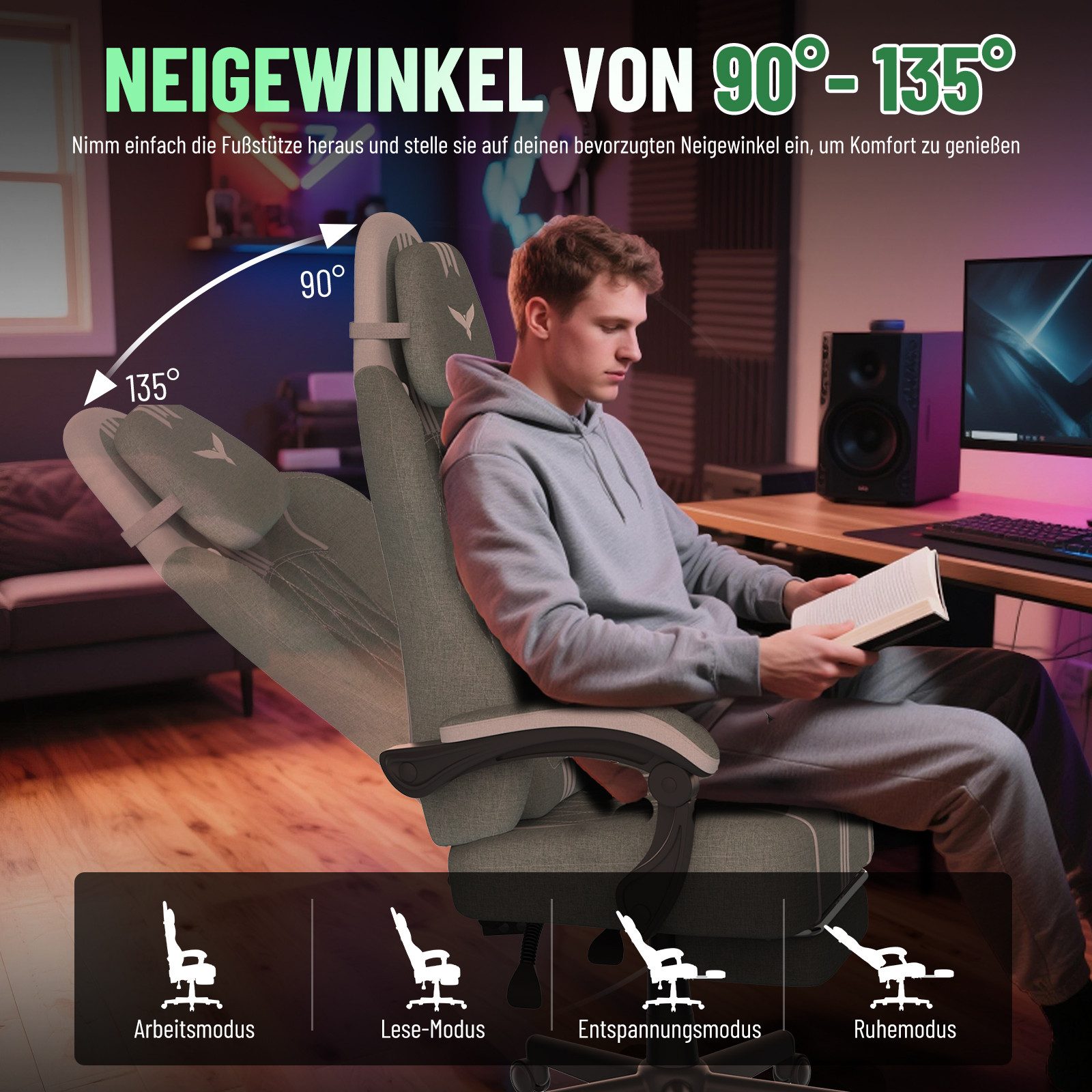 Huracan Gaming-Stuhl Gaming Chair mit Massagefunktion Kopfstütze & Fußstütze, (Gamer Stuhl,Gaming Sessel), Verstellbare Rückenlehne 90-135°,Höhenverstellbar – Bild 4 von 5