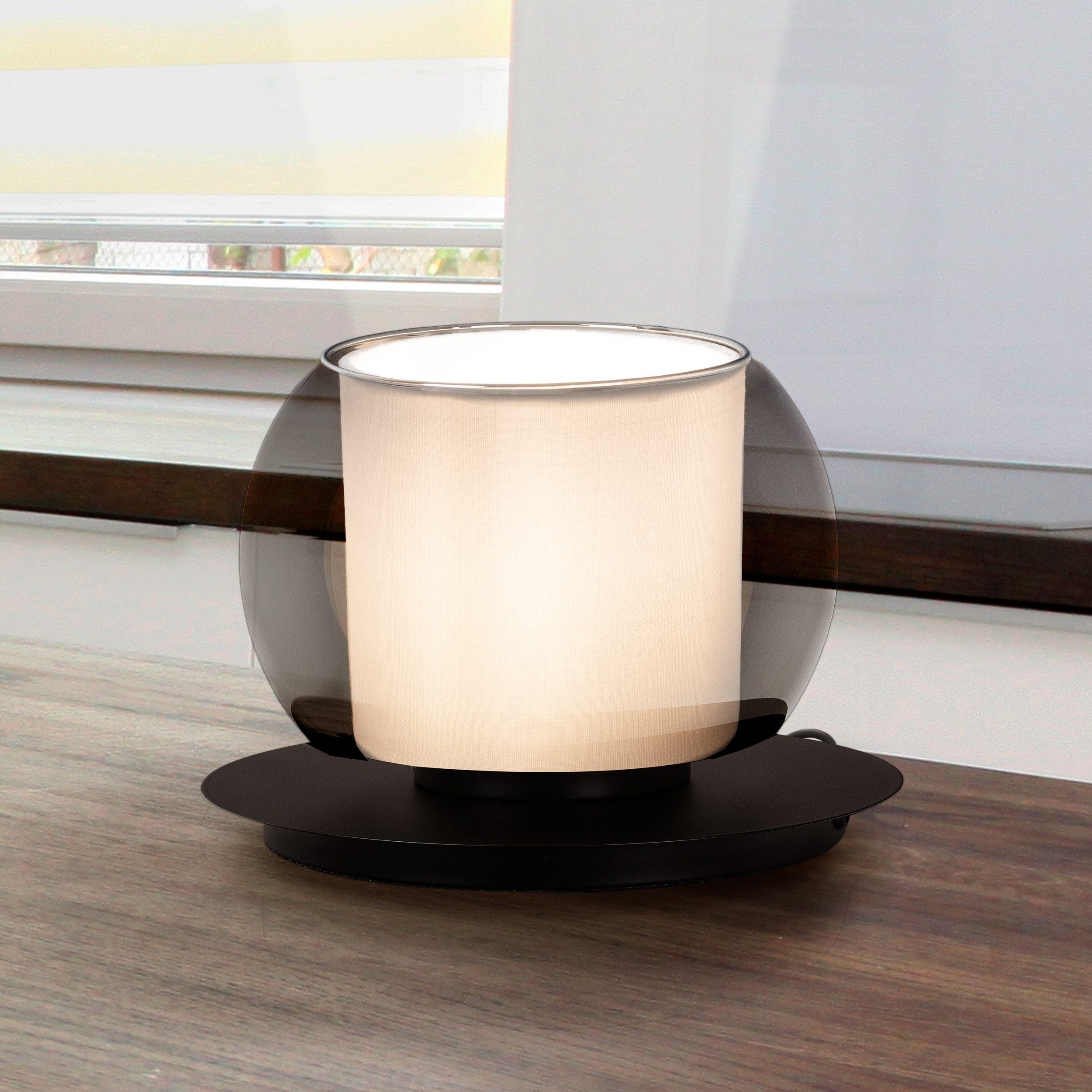 OTTO home Tischleuchte Tanissa mit Doppelschirm, ohne Leuchtmittel, runde Tischlampe, Rauchglas, Ø 18 cm, Stoffschirm, E27, Glasschirm – Bild 5 von 5