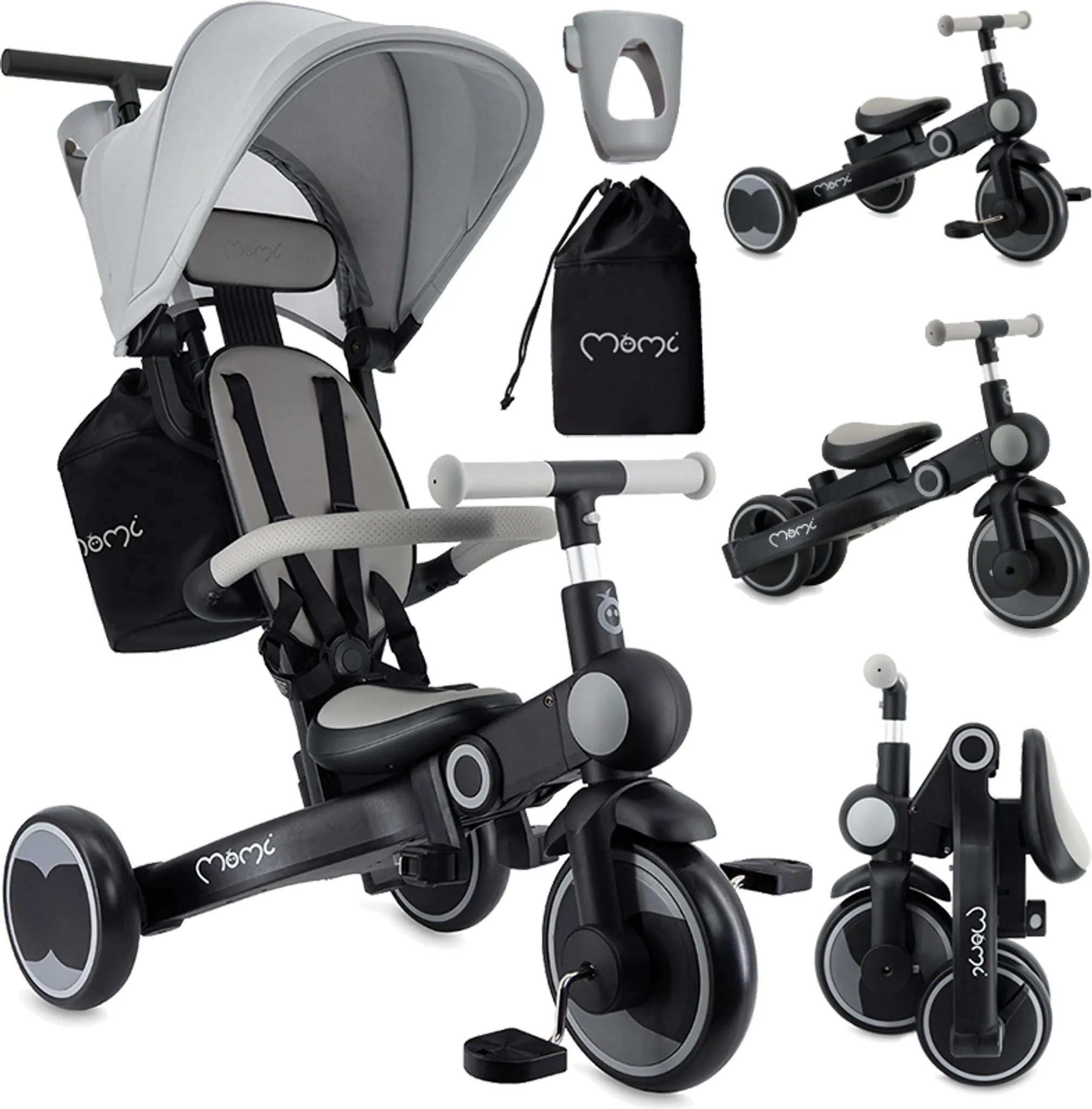 MoMi Laufrad Solivia 8, 7 Zoll, 4in1 Dreirad mit Schiebestange, klappbar, Freilauf & Verdeck