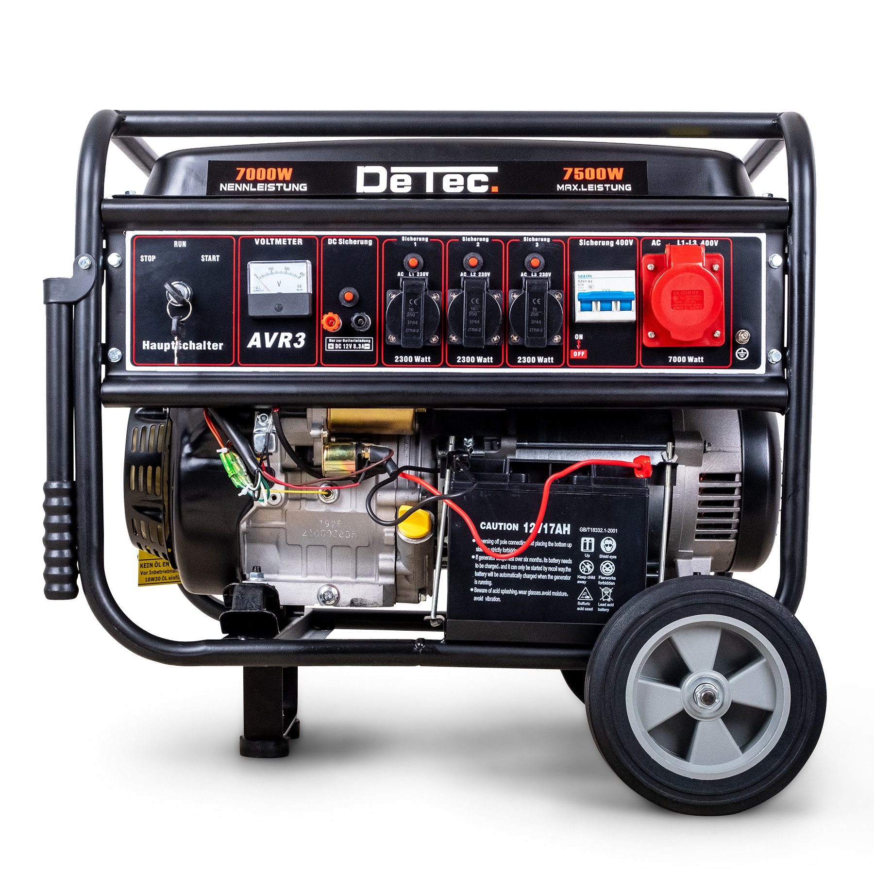 DeTec. Stromgenerator Benzin 7 kW DT-LB7500E-3 400V Starkstrom Generator E-Start 3-Phasen, 7,5 in kW, Strom Aggregat mit 18 PS Motor