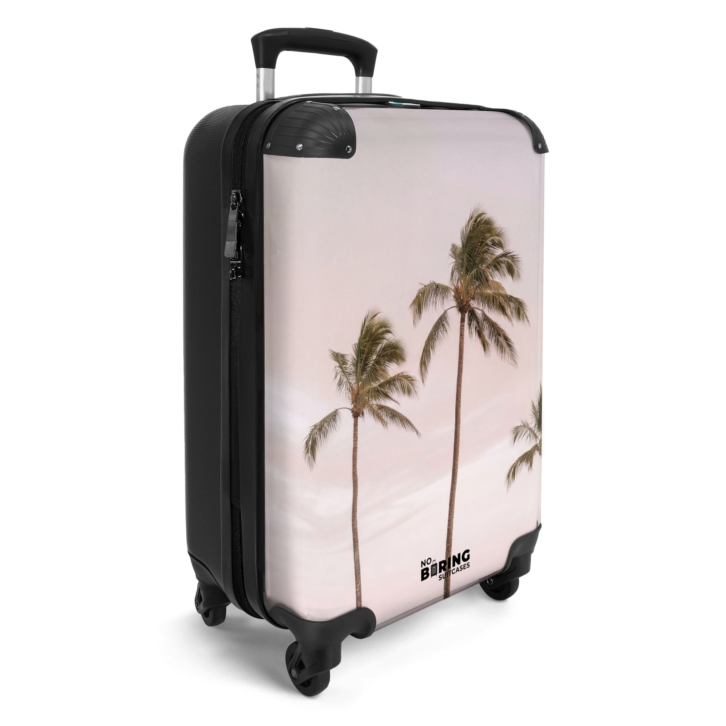 NoBoringSuitcases.com© Hartschalen-Trolley Palmen - Sonnenuntergang - Rosa 55x35x20cm, 4 Rollen, Reisetasche mit Rollen, Koffer Handgepäck Flugzeug