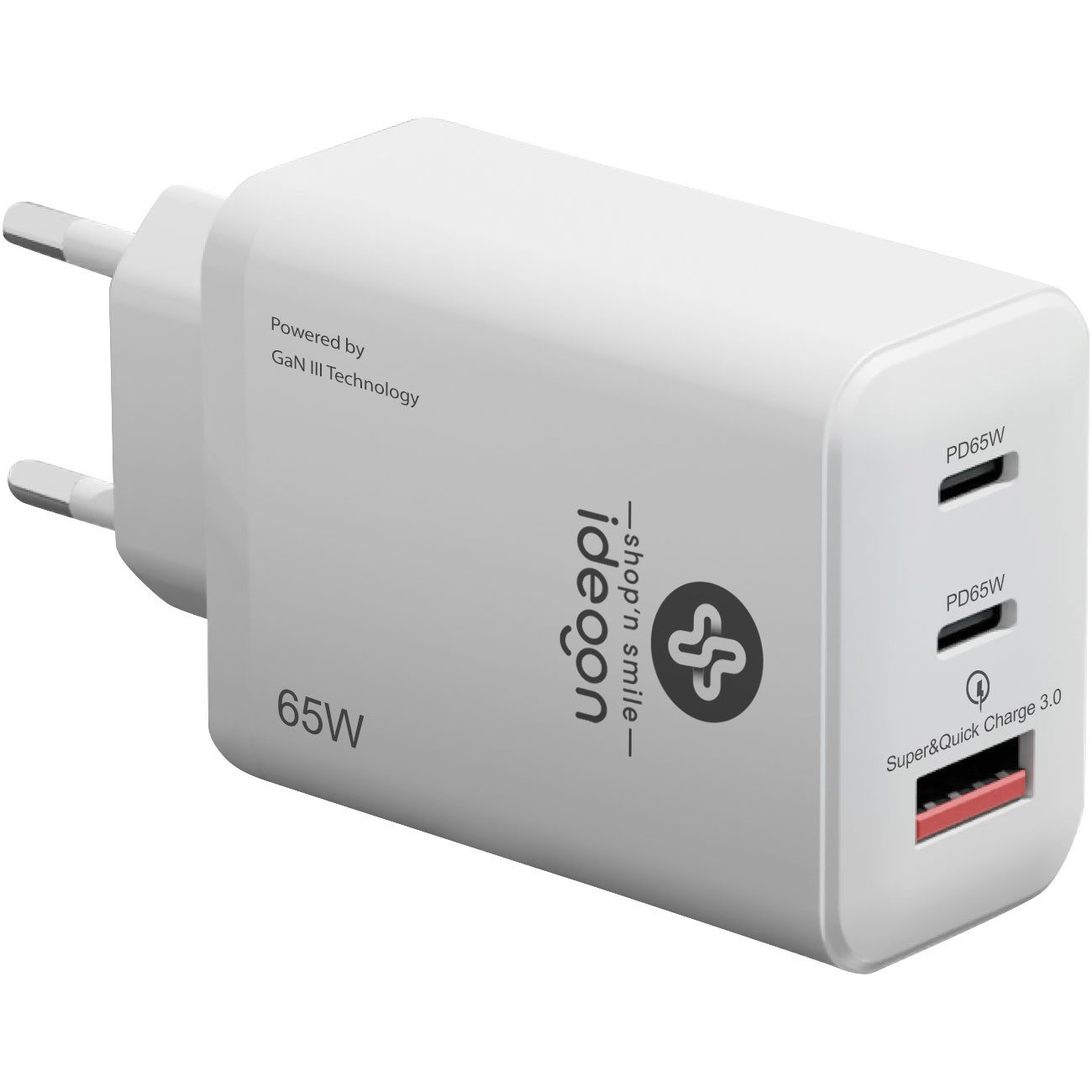 shop'n smile ideoon Leistungsstarkes, 3 Ports, 65Watt, 2x USB-C und 1x USB-A USB-Ladegerät (2-tlg., PD- & QC-Netzteil, für Smartphones, Notebooks, MacBook & Tablets)