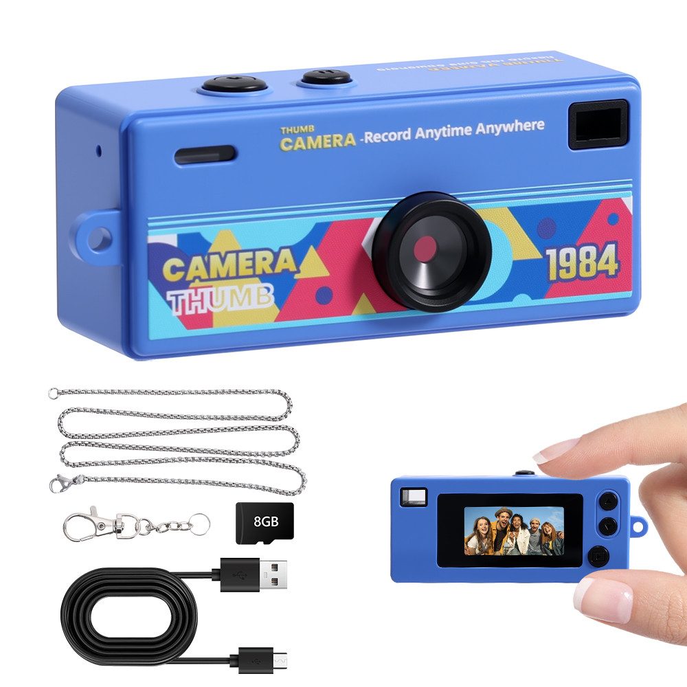 Pdgrid Retro Mini Daumenkamera 1080P mit Blitzlicht & 8GB TF-Karte Kompaktkamera (1080 MP, 4 Filter mit Type-C; Tragbare Kleinkamera für Alltag Reisen Geschenk)