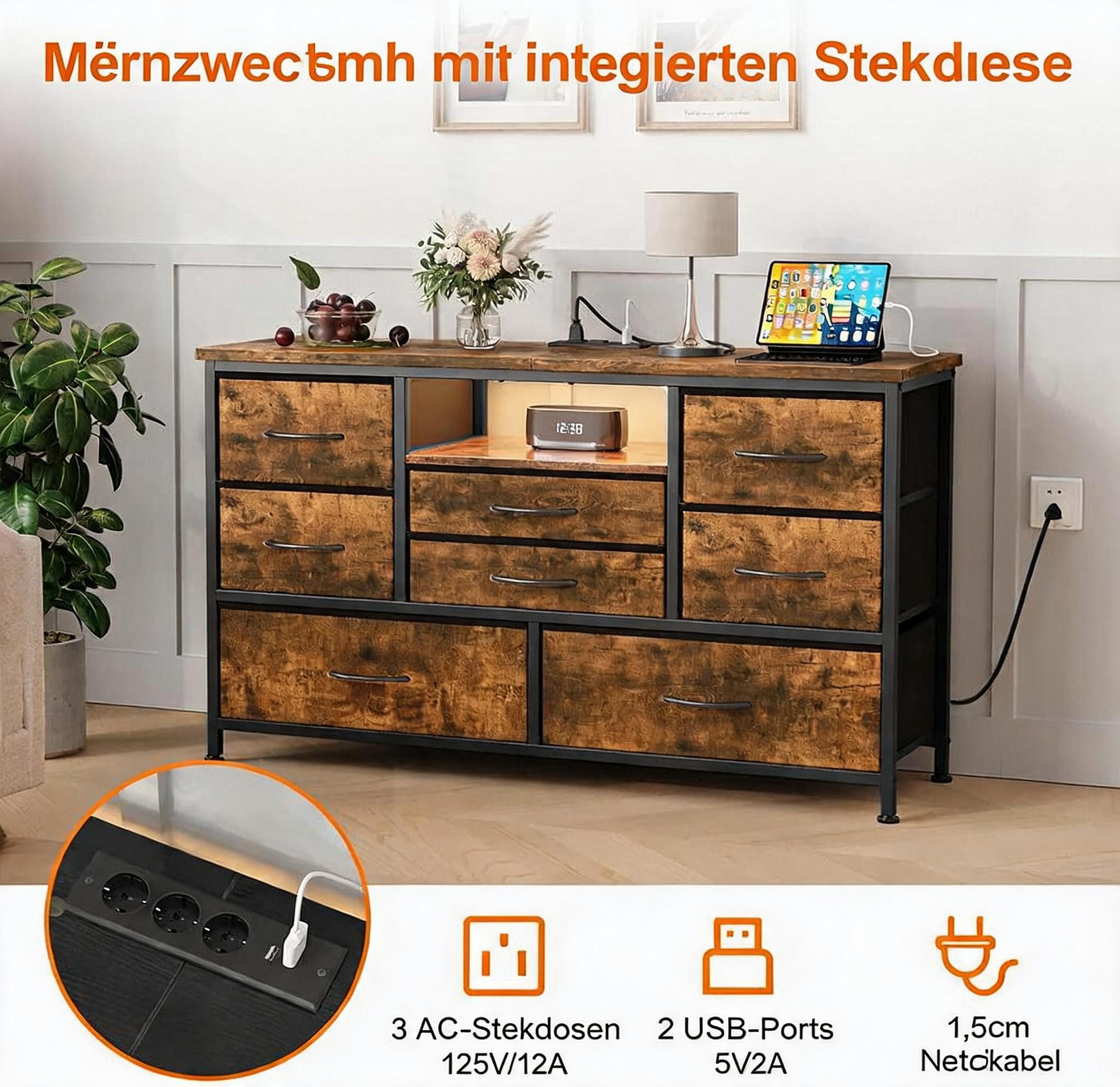 GarveeMore Kommode Kommode mit 8 Stoffschubladen, TV-Lowboard mit LED- Ladestation, Aufbewahrungsmöbel für Kinderzimmer
