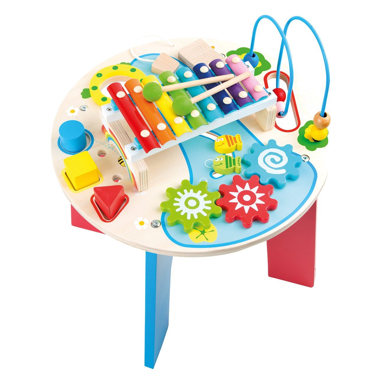 Small Foot Spielzeug-Musikinstrument Motorik- und Musiktisch 2 in 1 10321, Motorikschleife, Schiebeelemente, Xylophon und Trommel