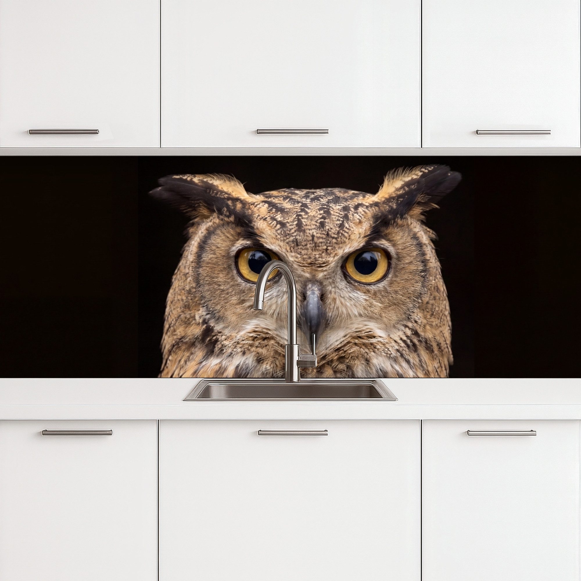 KitchenYeah Küchenrückwand selbstklebend (keine Folie) Eule - Porträt - Braun, (1-tlg), Spritzschutz, Küche, Rückwand, Küchenwand, Ohne Bohren, 250x80 cm