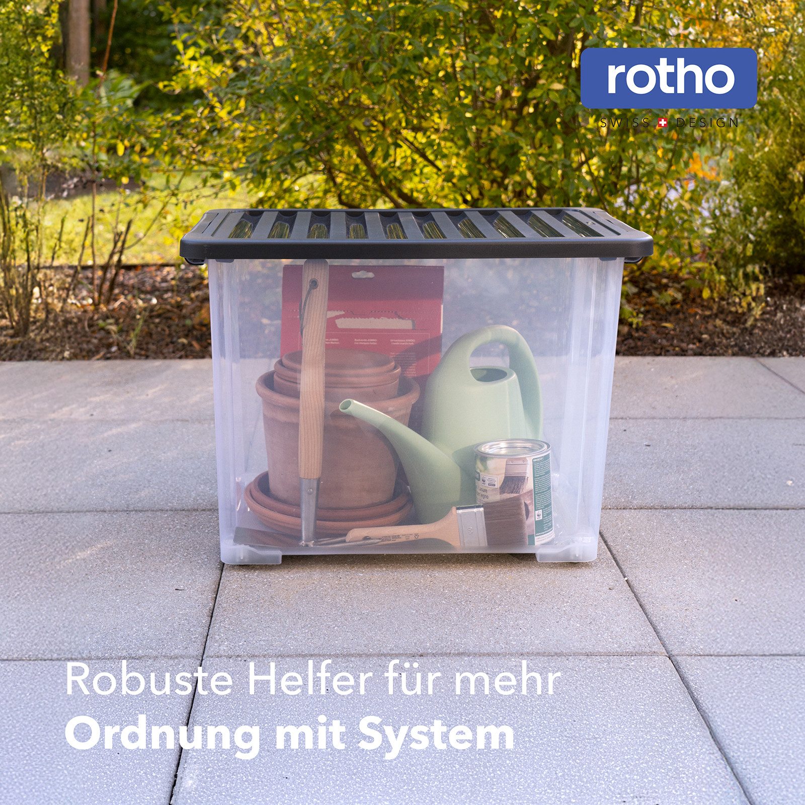 ROTHO Aufbewahrungsbox 4er-Set CORE PLUS 65 L stapelbare Box mit Deckel und Räder (Lagerboxen-Set, 4er-Set), große Rollbox ideal für Kleidung, Decken und Haushaltsartikel
