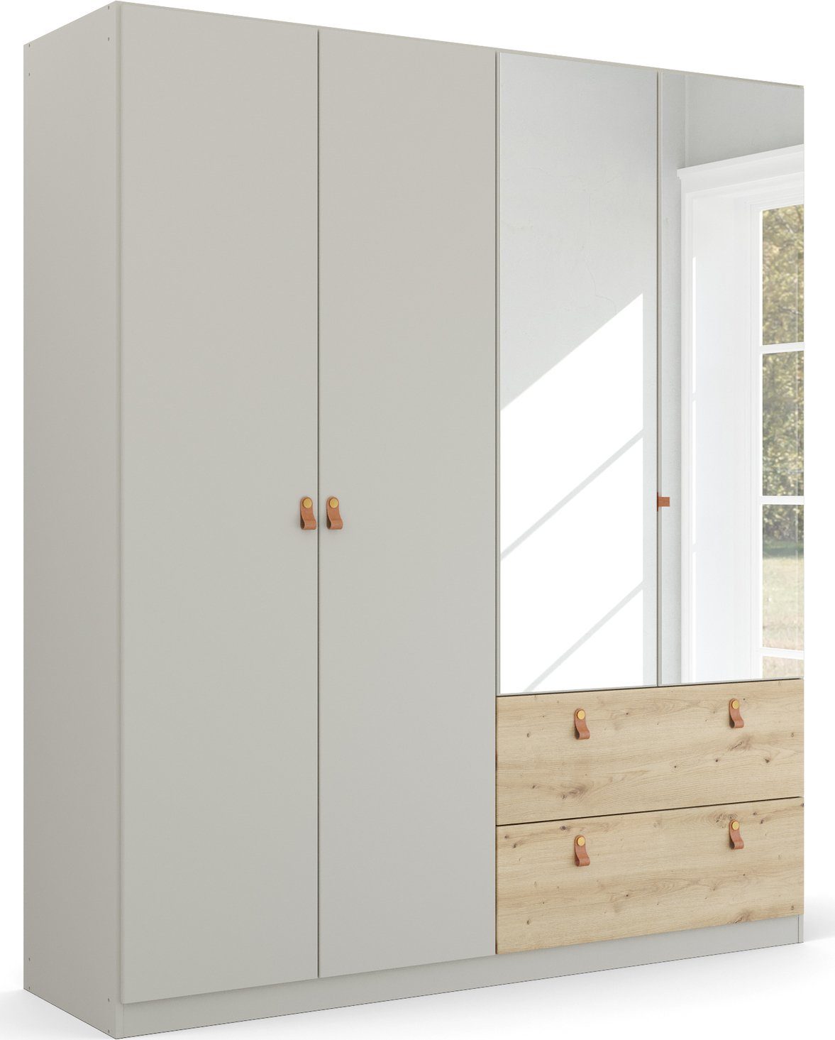 rauch Drehtürenschrank Kleiderschrank Schrank Garderobe Ankleide HOMEY BY QUADRA SPIN (Breiten: 181/226/271 cm, Höhe 210 cm) mit cognacbraunen Ledergrifflaschen, Schubladen in Eichen-Dekor