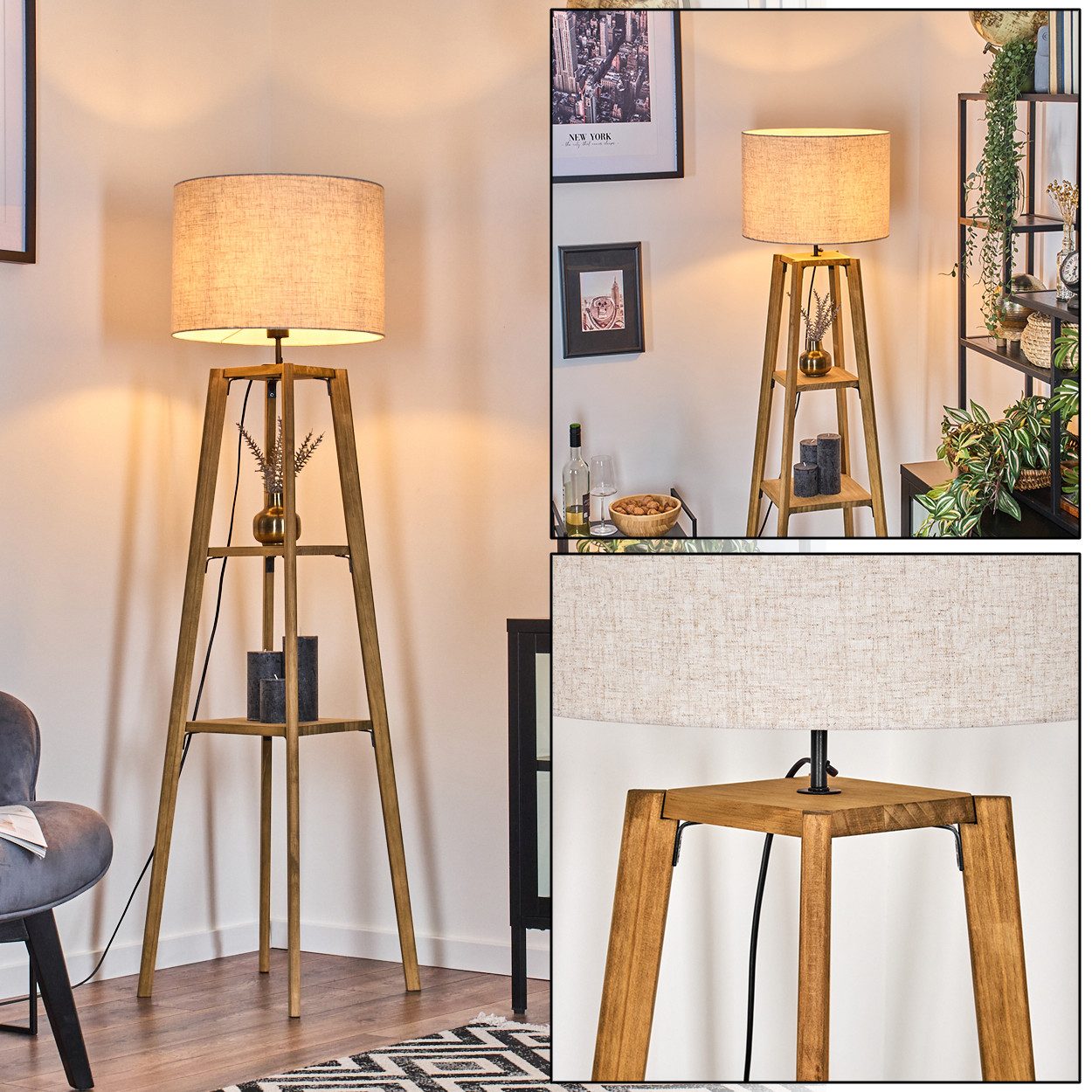 hofstein Stehlampe Stehlampe aus Holz/Stoff in Natur/Beige, ohne Leuchtmittel, (40 cm), Ablageflächen u. Fußschalter, 1 x E27, ohne Leuchtmittel