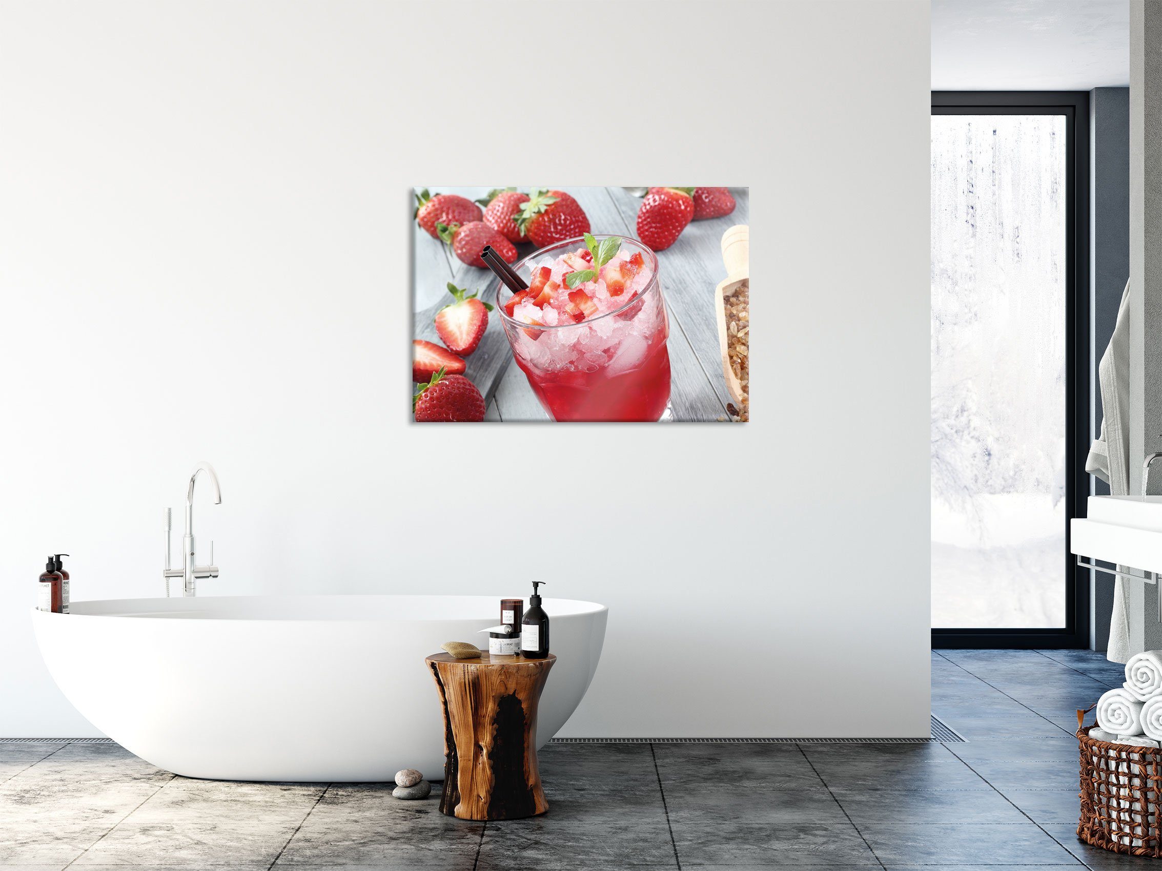 inkl. Erdbeercocktail, Glasbild Echtglas, Aufhängungen St), Glasbild (1 Abstandshalter Leckerer Erdbeercocktail aus und Leckerer Pixxprint