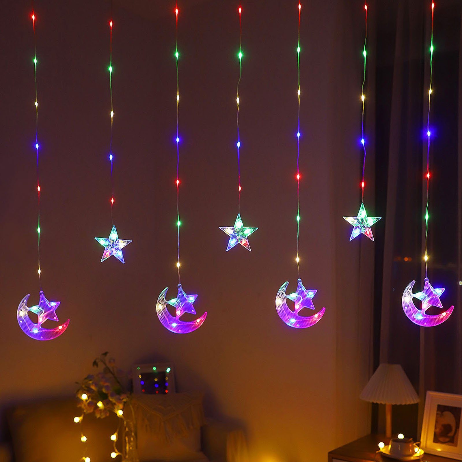 Rosnek LED-Lichtervorhang 2.3M, Mond batterie, Camping mit Schlafzimmer Stern, für Party Zelt Weihnachten, Ramadan Multicolor
