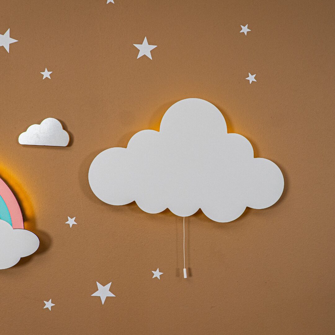 COZYCOLLECTIONS LED Wandleuchte Handbemalte LED-Wandleuchte Weiße Wolke in Holzoptik, LED, Warmweiß, Montessori-Design: ruhige Formen, warmes LED, kabellos
