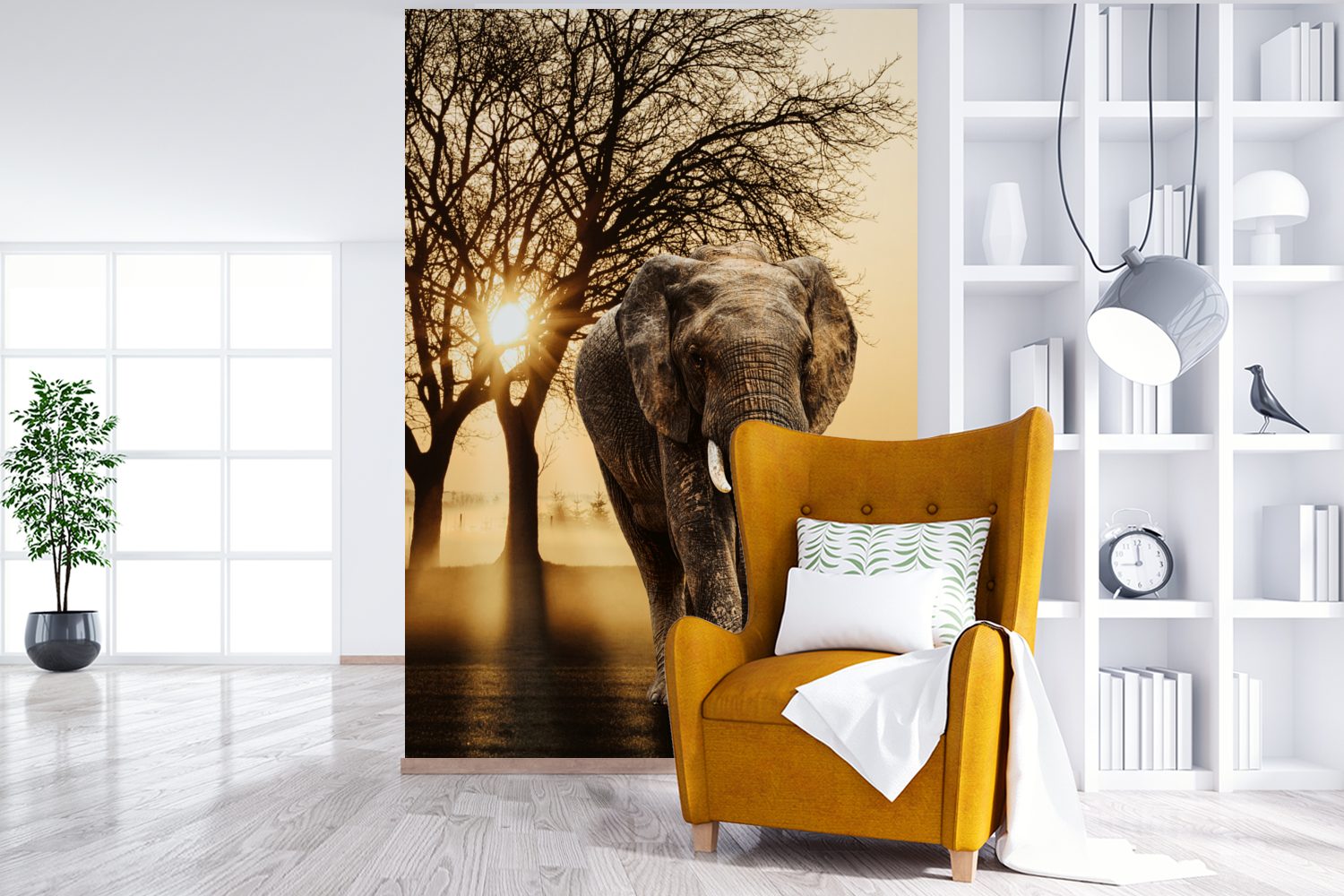MuchoWow Fototapete Elefant - Wandtapete Wohnzimmer, für Vinyl Sonne, bedruckt, Matt, Baum - Montagefertig (3 St), Tapete