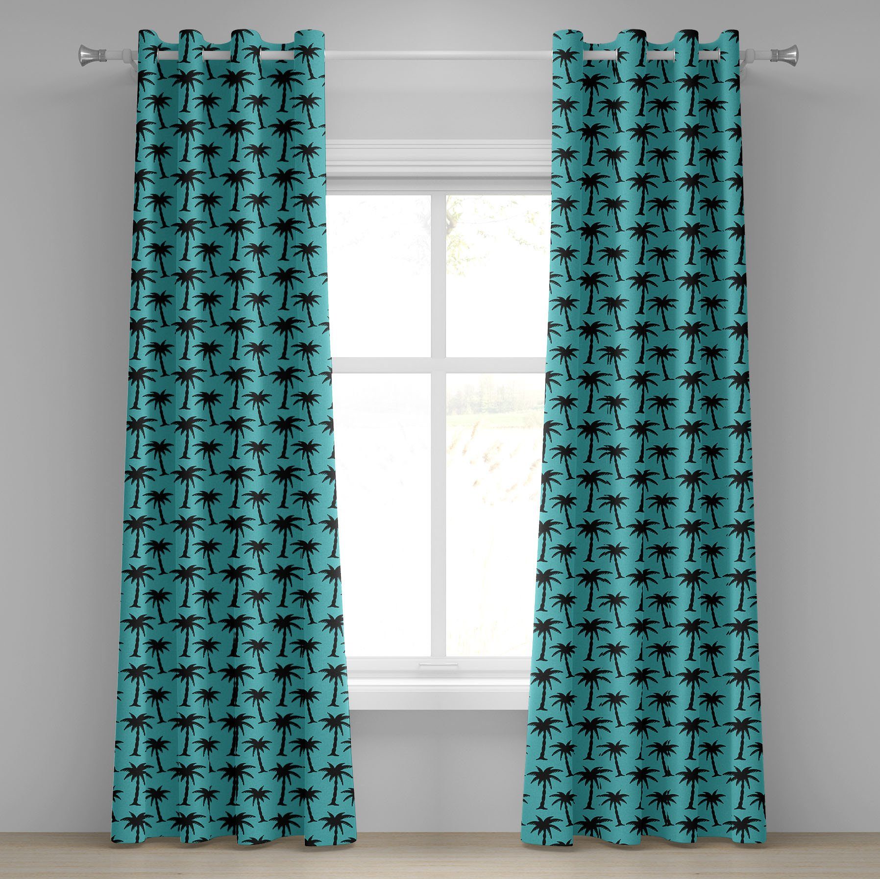 Gardine 2-Panel-Fenstervorhänge Dekorative Palme auf Blau Silhouetten Wohnzimmer, für Abakuhaus, Schlafzimmer
