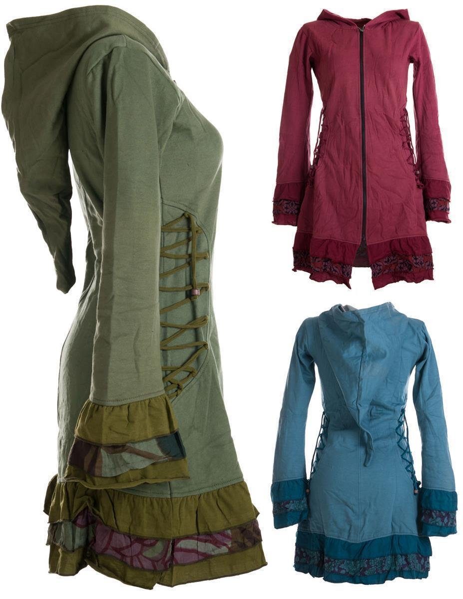 Vishes Langjacke Elfenmantel mit Zipfelkapuze, Rüschen zum Schnüren Boho, Hippie, Elfen, Goa Style – Bild 2 von 3