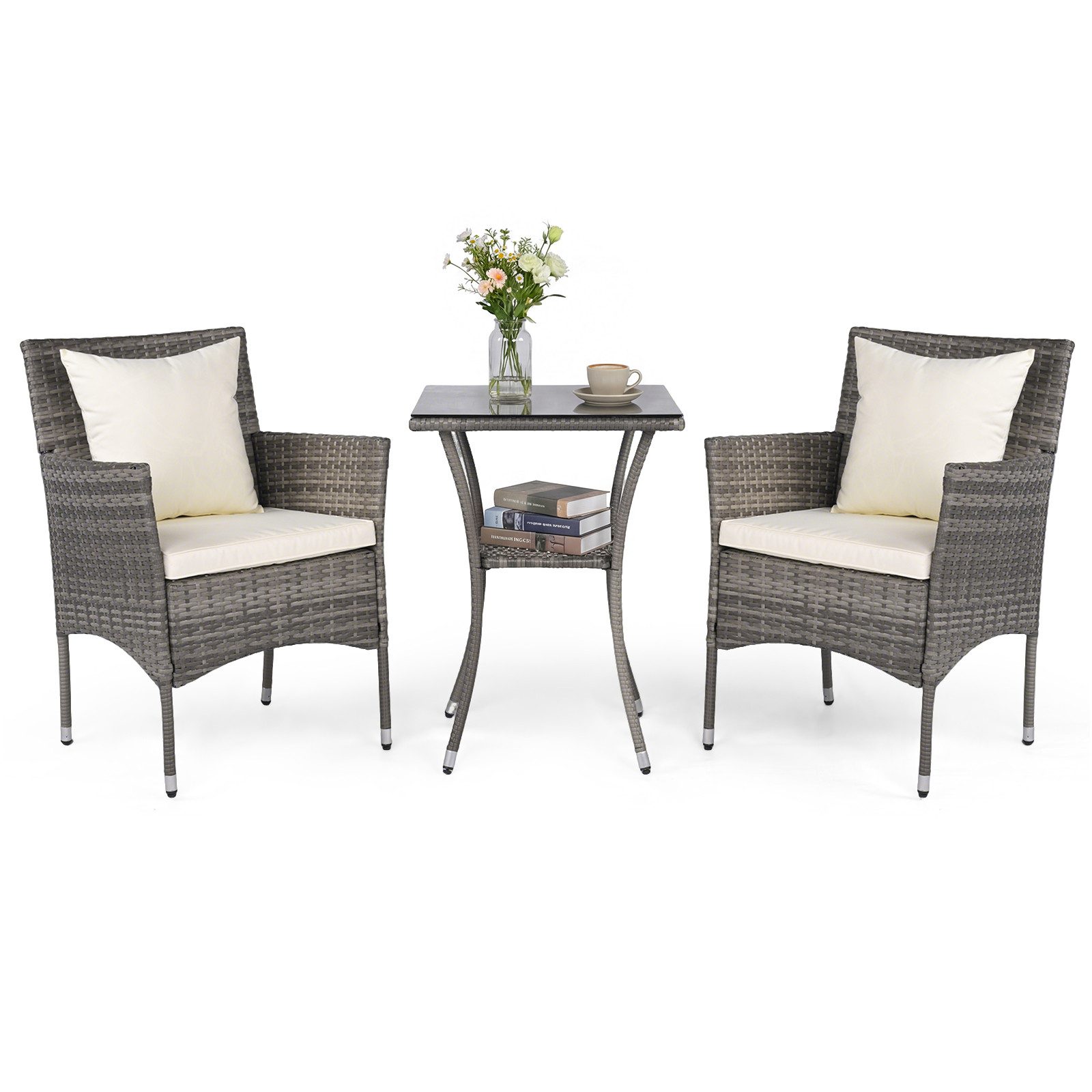 COSTWAY Balkonset, (3-tlg), 2 Personen, Rattan, 2 Sessel & Glastisch, mit Kissen