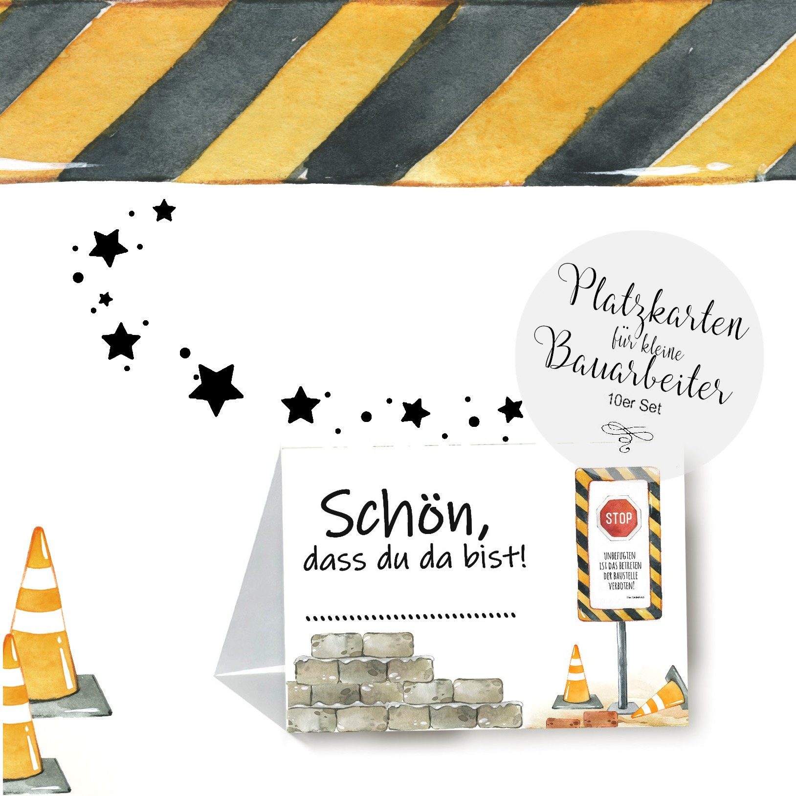 homestyle-accessoires Papierdekoration Kindergeburtstag Party 10erSet BAUSTELLE Einladungen Wimpelkette, Ausweiskarten Tischkarten Cupcaketoppern MIT LIEBE GEFERTIGT