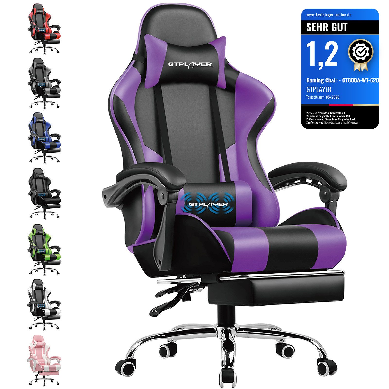 GTPLAYER Gaming-Stuhl Bürostuhl mit Massagefunktion, Fußstütze, Kopfstütze (Packung), Ergonomischer Gamer Stuhl Maximale Belastung 150 kg, 360° drehbar