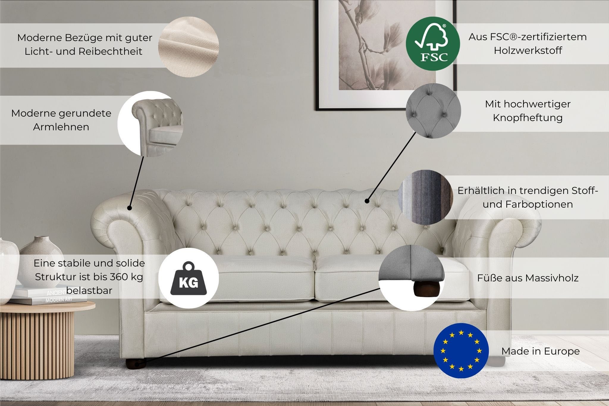 Home affaire 3-Sitzer CHARENTE, optionale Schlafsofa, Chesterfield-Sofa, Bettfunktion, mit edler Knopfheftung und typischen Armlehnen, B/T/H 198/89/74 cm