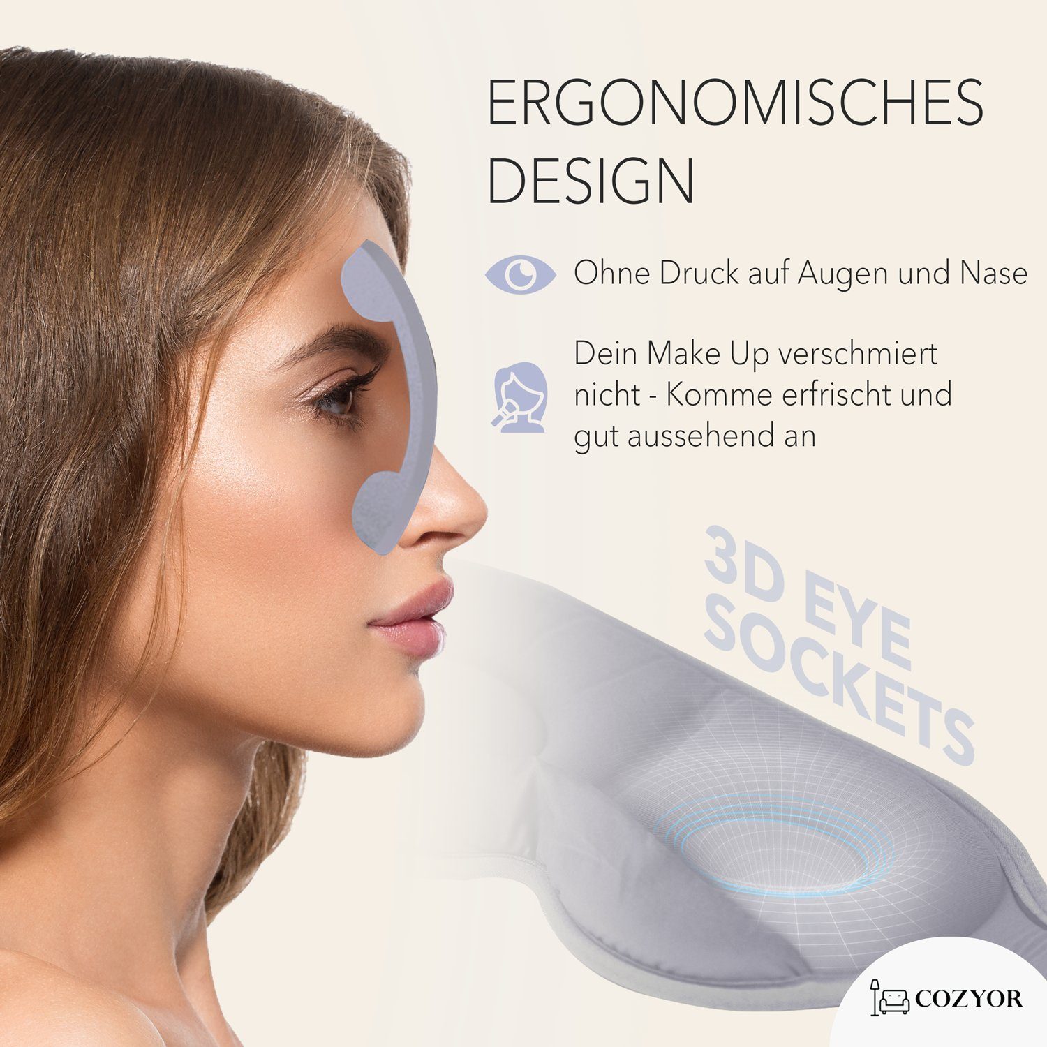 Cozyor Schlafmaske 100% Blackout-Effekt 3D Augenmaske mit ergonomischem Design, Reiseset klein & kompakt hellgrau Moonlight, Schlafmaske mit wiederverwendbaren Ohrstöpseln, extra Polsterung und variable Passform