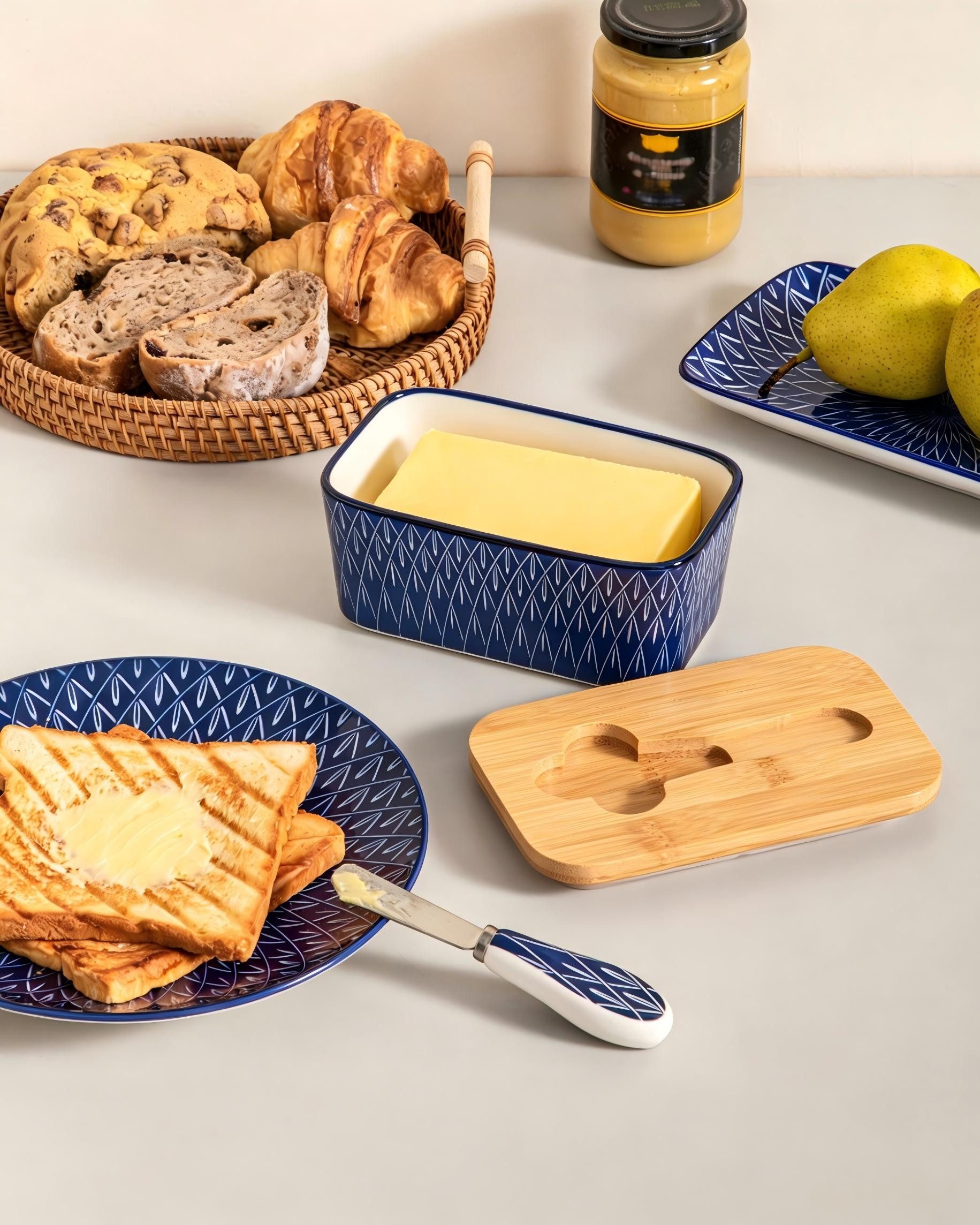 vancasso Butterdose Porzellan Butterdose mit Deckel, Butterbestreichmesser, (1-tlg), Rautenmuster