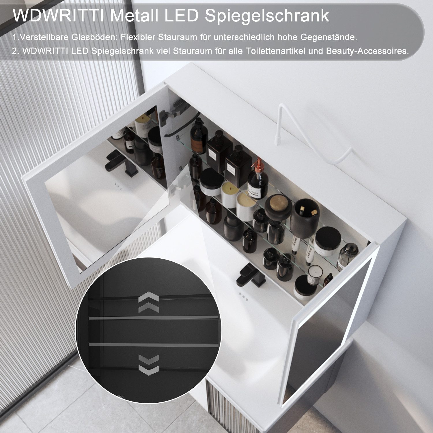 WDWRITTI Spiegelschrank Weiß Metall Badezimmerspiegelschrank mit Beleuchtung 80x60cm (Badschrank Weiss matt 2-türig, mit innen spiegel) Lichtfarben & Helligkeit einstellbar, mit Netzstecker, vormontiert